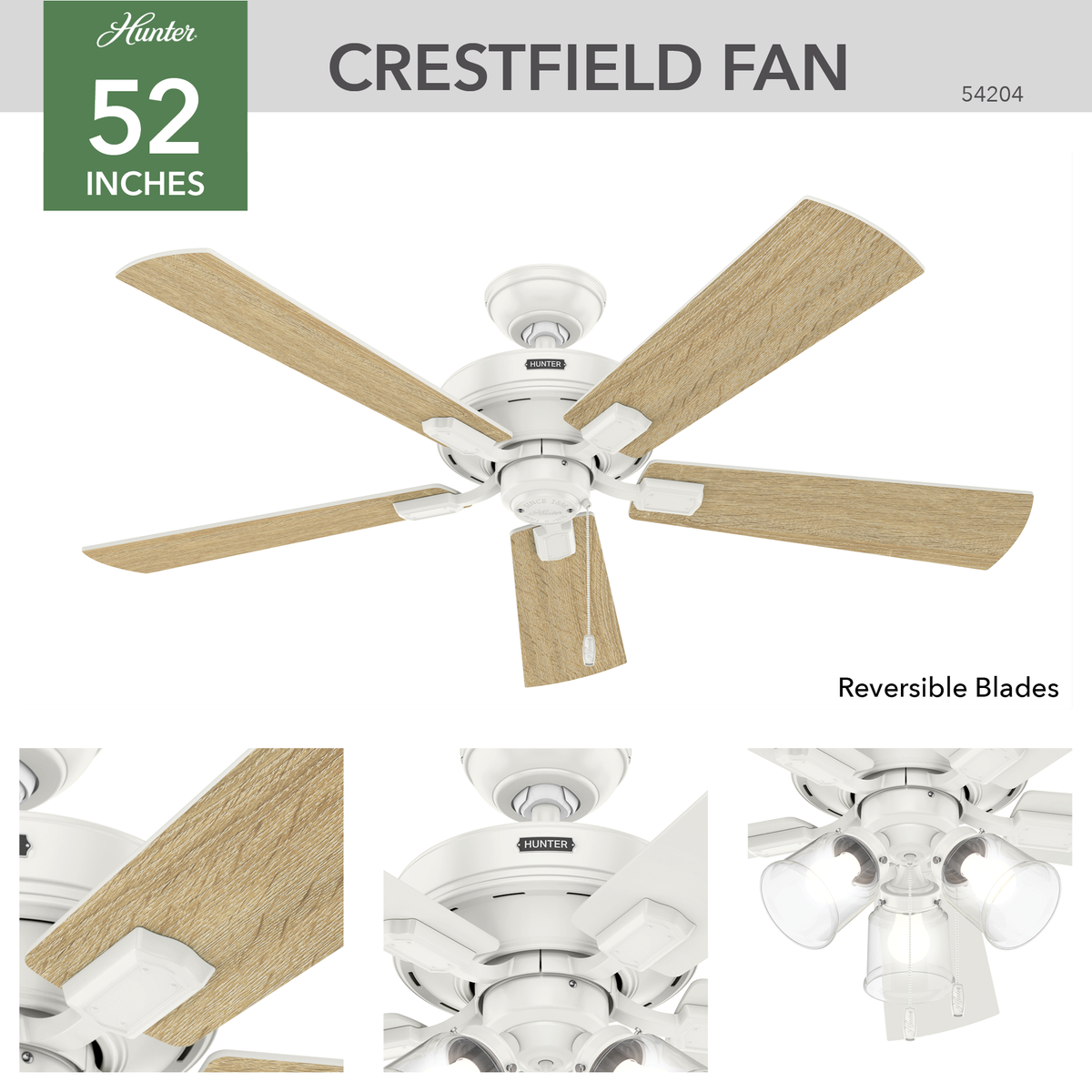 52 inch Crestfield Fresh White Ceiling Fan with LED Light Kit and Pull Chain