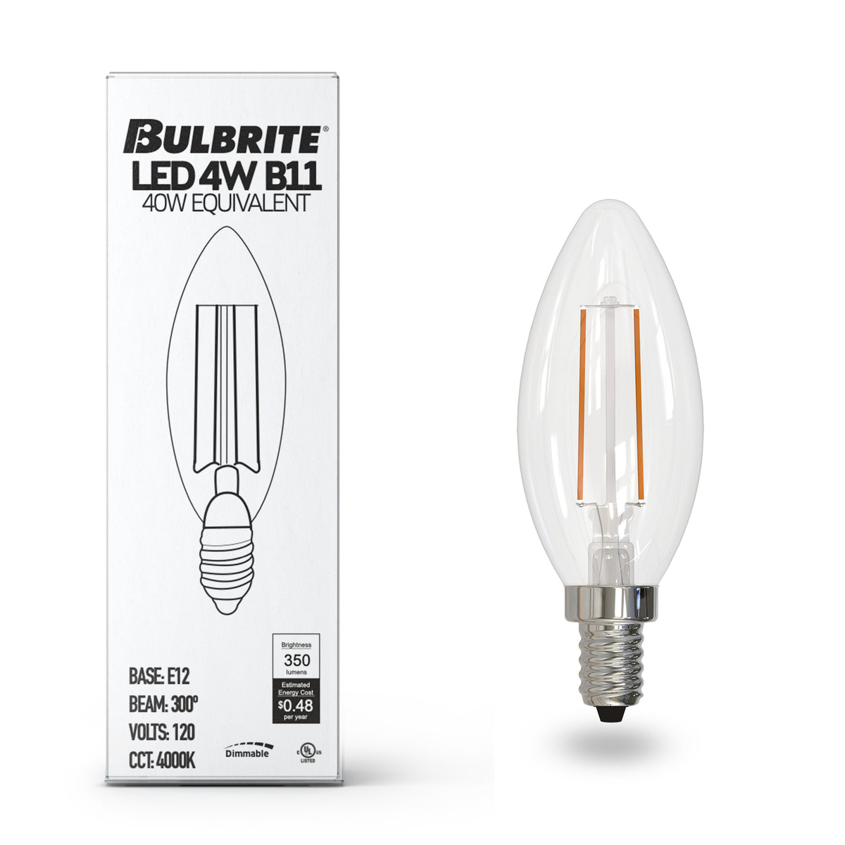 B11 4.1W Dimmable Filament LED Light Bulb with E12 Base, 4000K, 400 Lumens, 8-Pack
