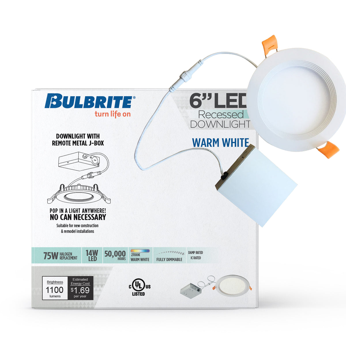 6-inch White 14W Dimmable LED J-Box Recessed Downlight, 2700K, 1100 Lumens, 2-Pack