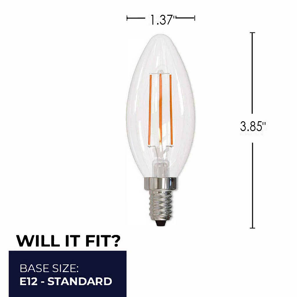 B11 5W Dimmable Clear Filament LED Light Bulb with E12 Base, 3000K, 500 Lumens, 4-Pack, 10000-Hour Life