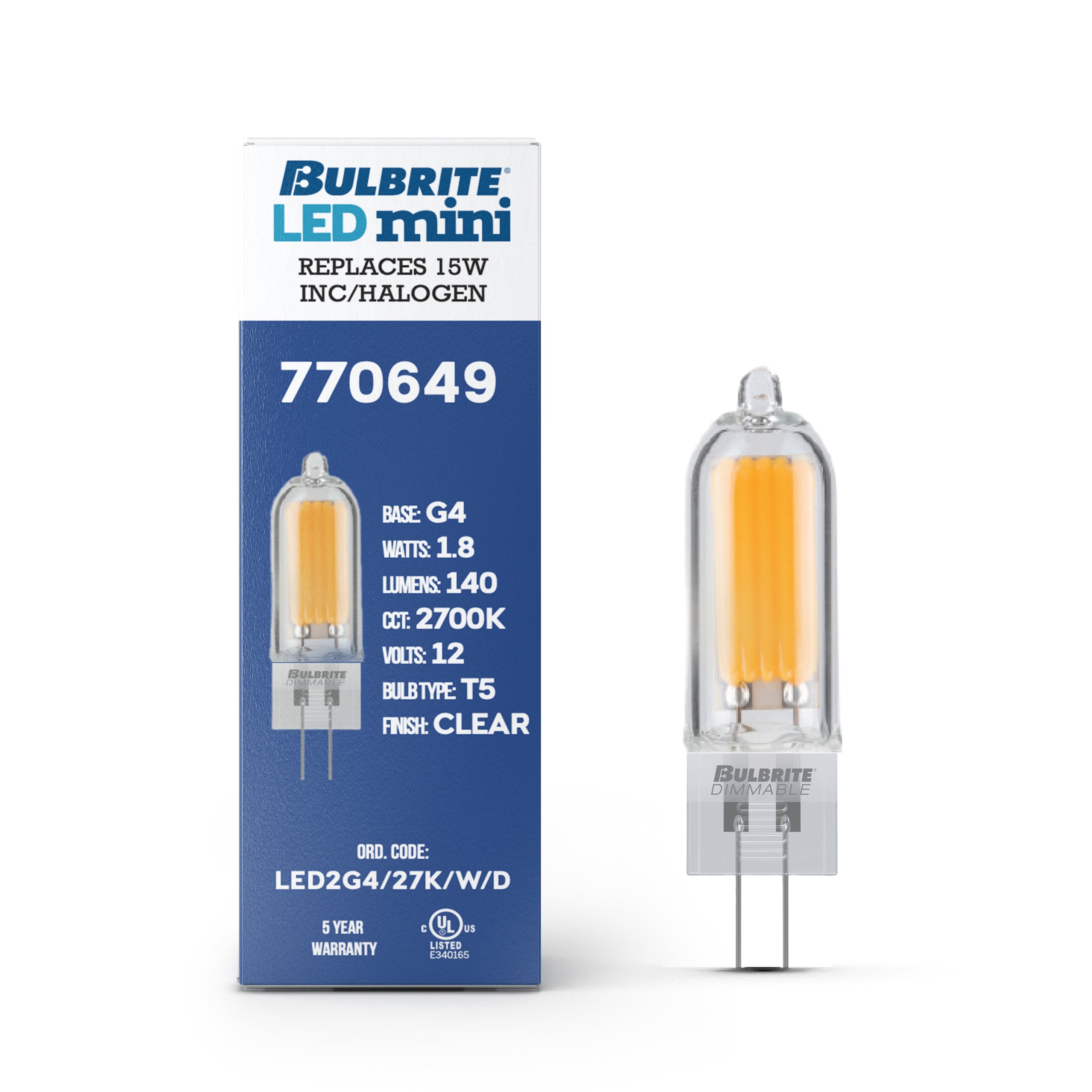 T5 1.8W Dimmable Clear Filament LED Light Bulb with G4 Base, 2700K, 140 Lumens, 12V, 4-Pack
