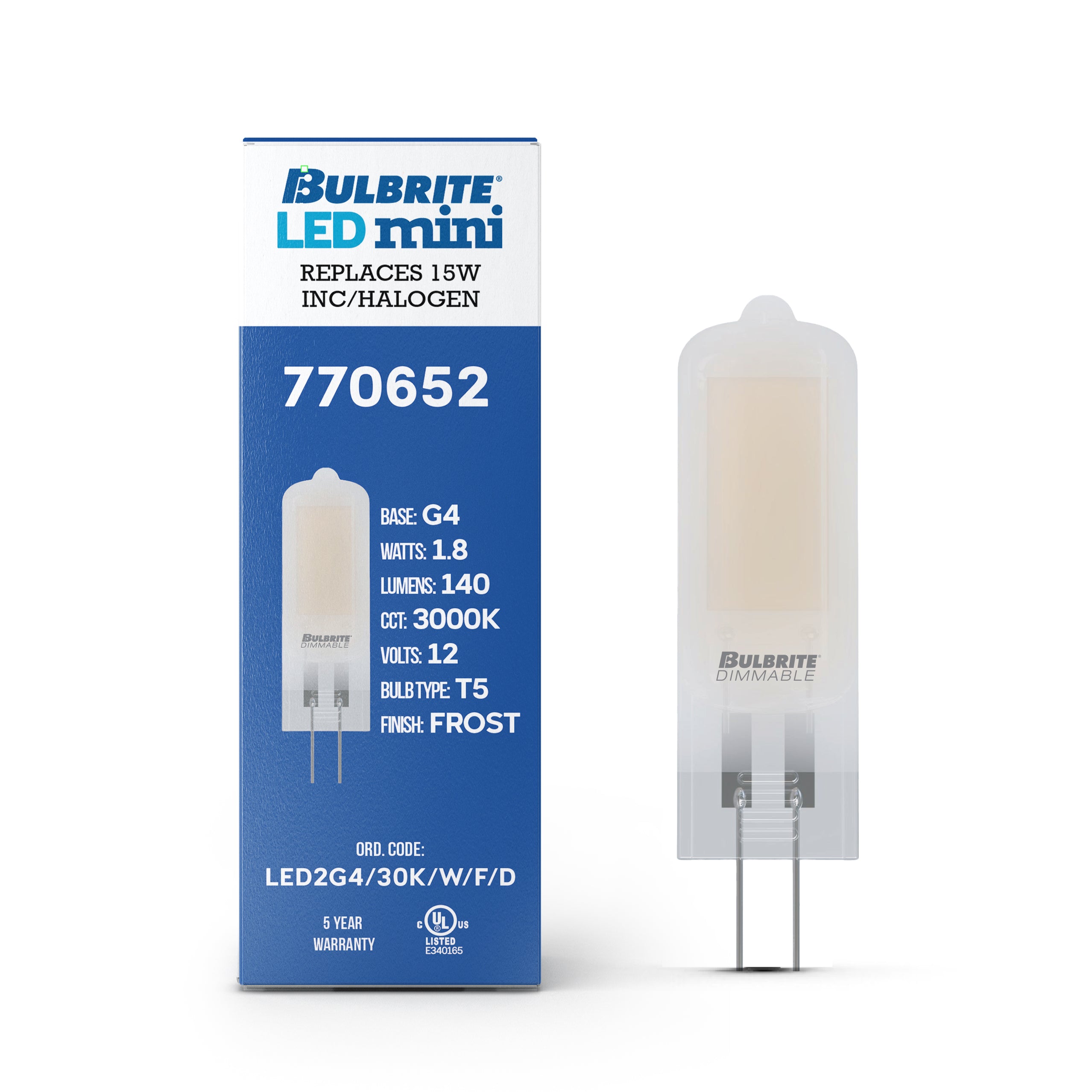 T5 1.8W Dimmable Frost Filament LED Light Bulb with G4 Base, 3000K, 140 Lumens, 12V, 4-Pack