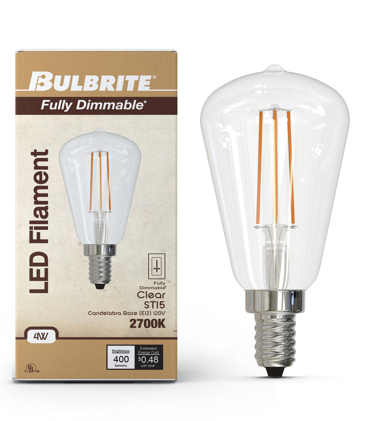 ST15 4W Dimmable Clear Filament LED Light Bulb with E12 Base, 3000K, 400 Lumens, 4-Pack