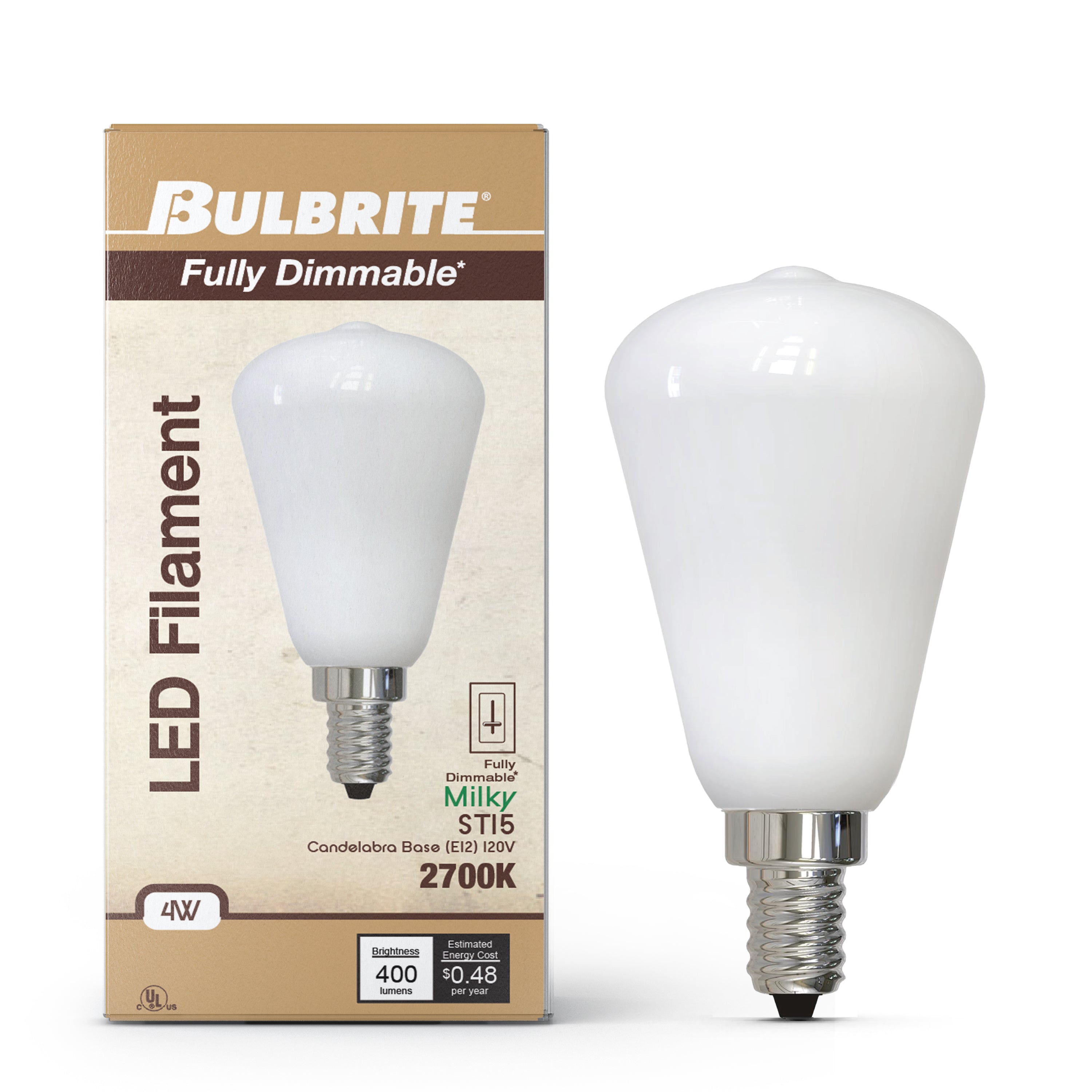 ST15 4W Dimmable Milky Filament LED Light Bulb with E12 Base, 2700K, 400 Lumens, 4-Pack