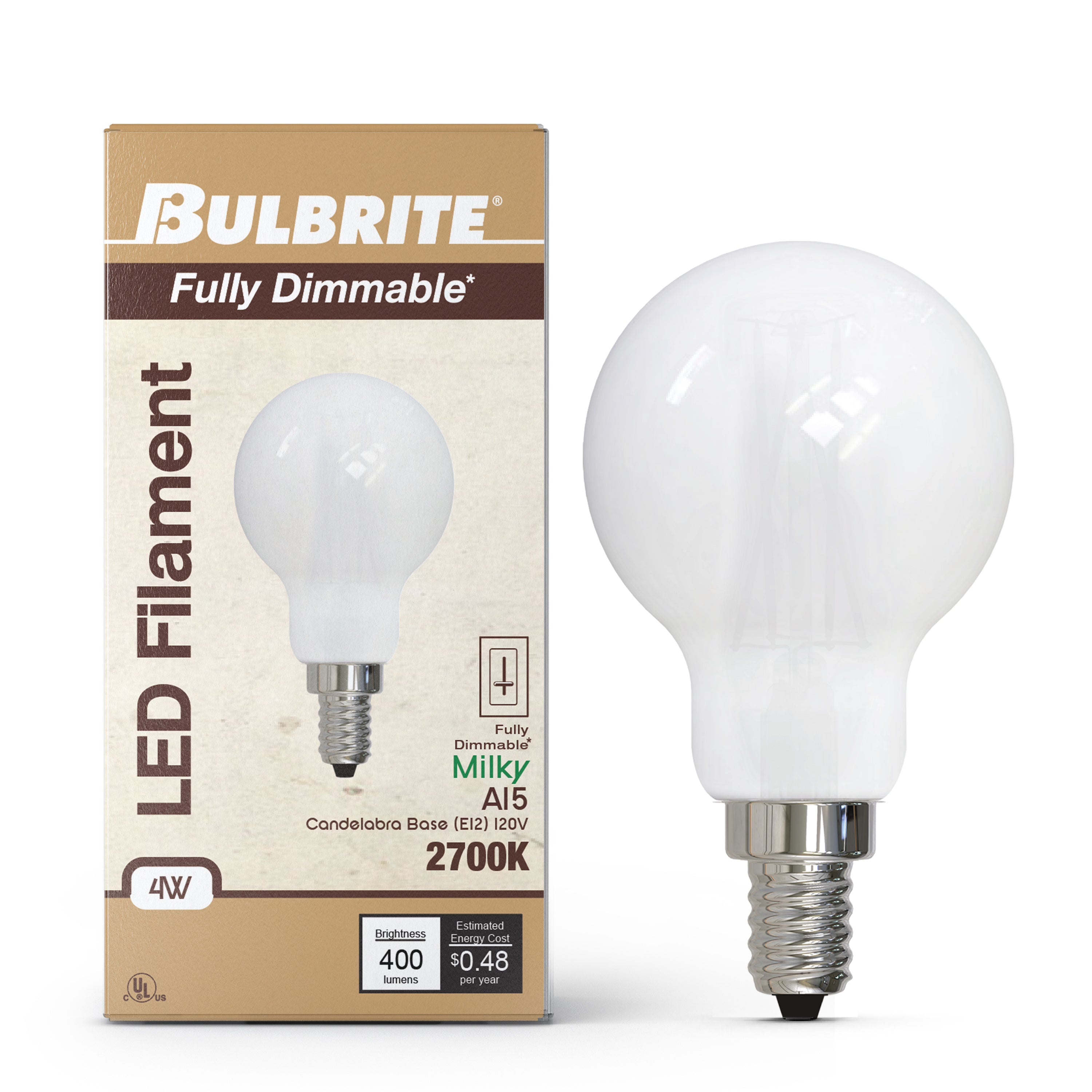 A15 4W Dimmable Milky Filament LED Light Bulb with E12 Base, 2700K, 400 Lumens, 4-Pack