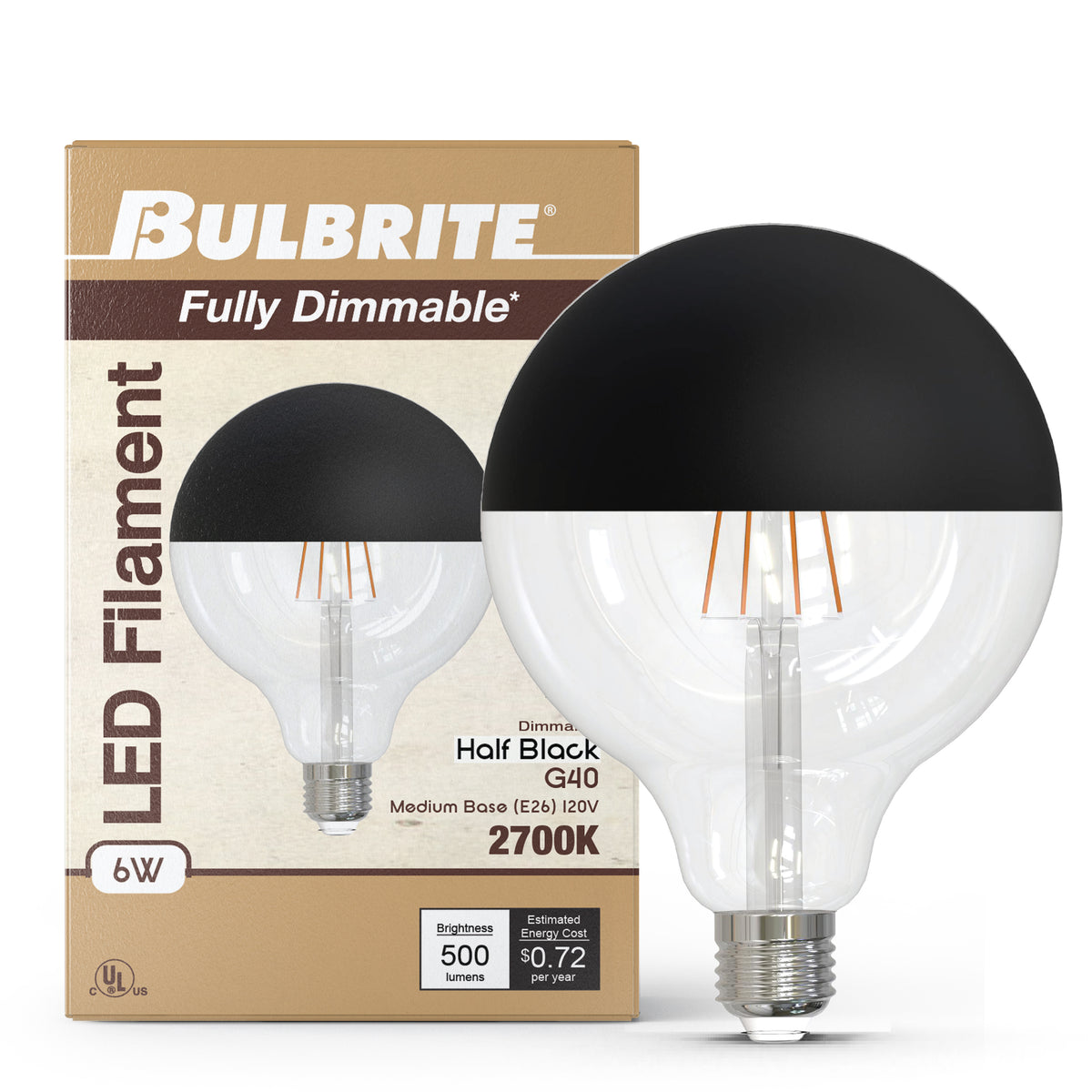 Half Series Designer G40 6W Dimmable Half Black Filament LED Light Bulb with E26 Base, 2700K, 500 Lumens, 4-Pack