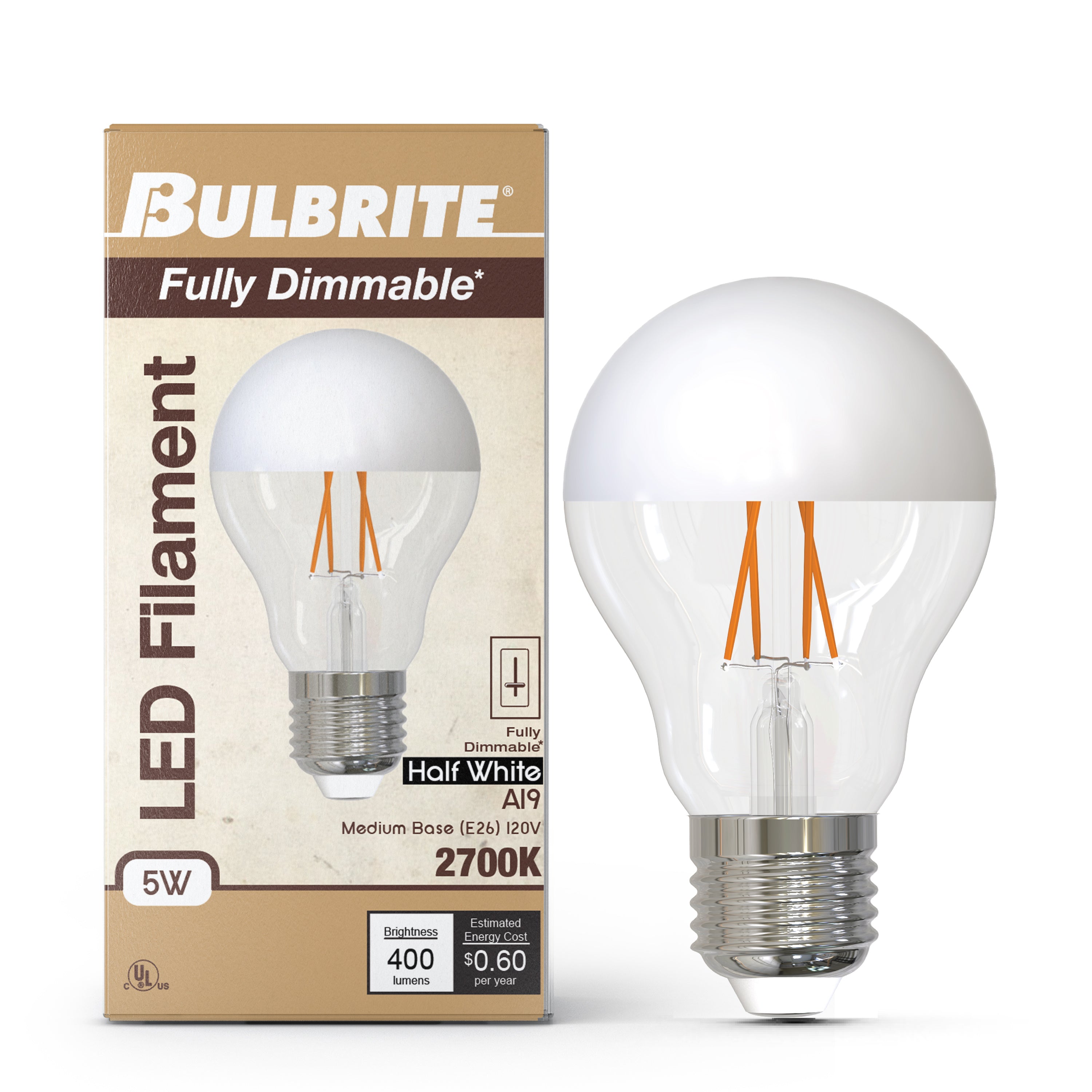 Half Series Designer A19 5W Dimmable Half White Filament LED Light Bulb with E26 Base, 2700K, 400 Lumens, 4-Pack