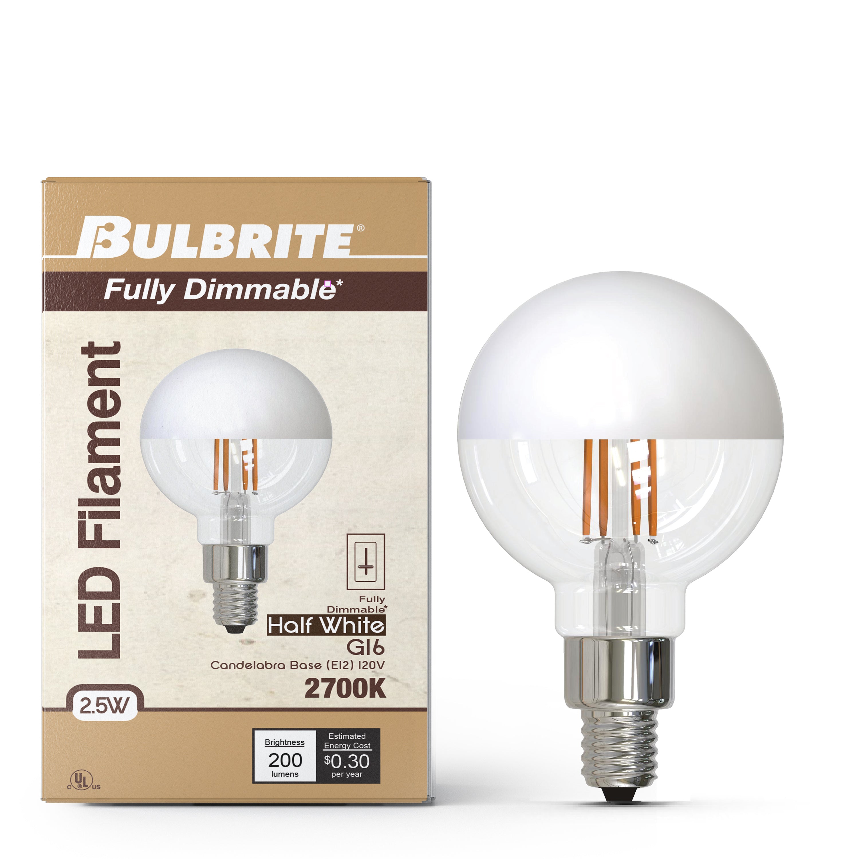 Half Series Designer G16 2.5W Dimmable Half White Filament LED Light Bulb with E12 Base, 2700K, 200 Lumens, 2-Pack