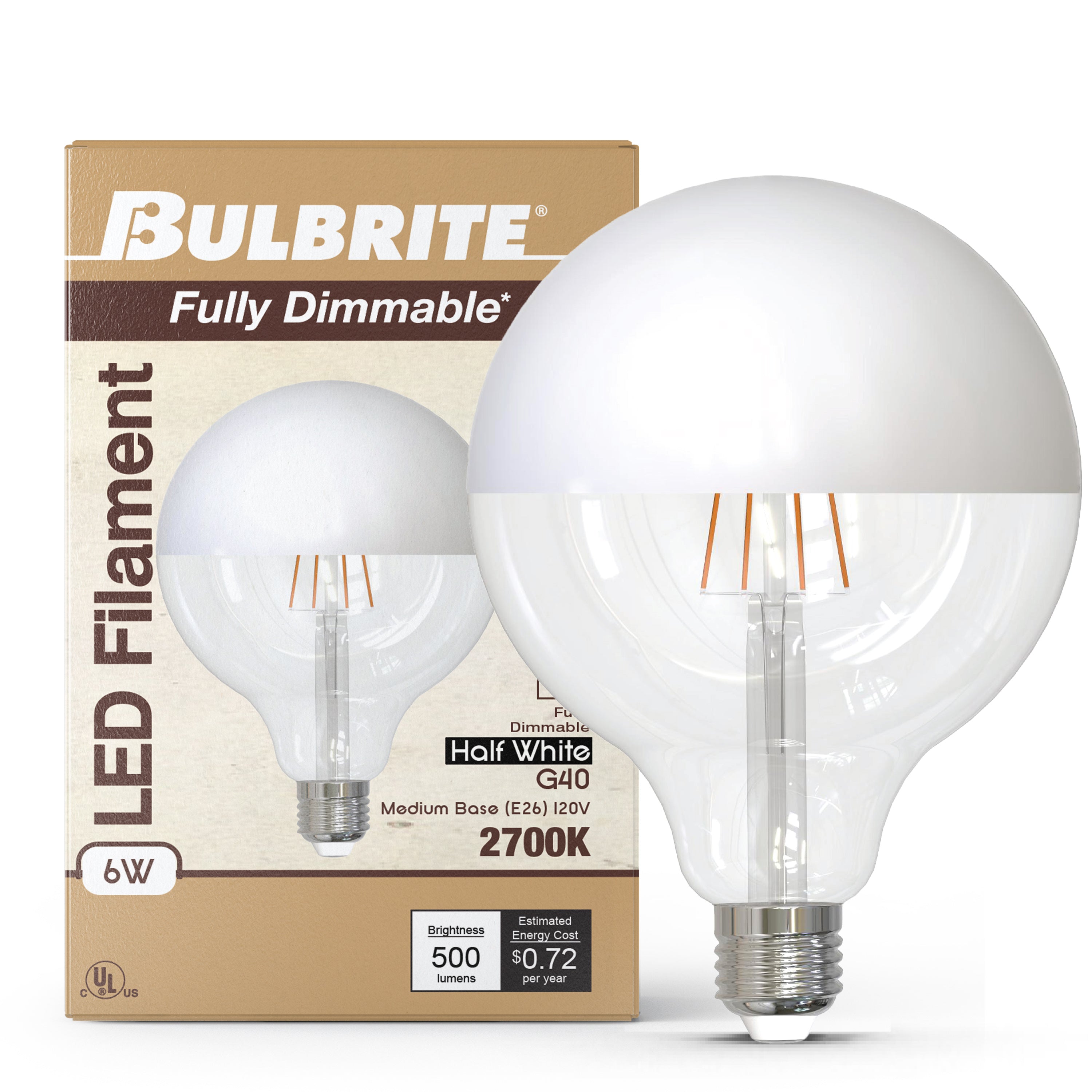 Half Series Designer G40 6W Dimmable Half White Filament LED Light Bulb with E26 Base, 2700K, 500 Lumens, 2-Pack