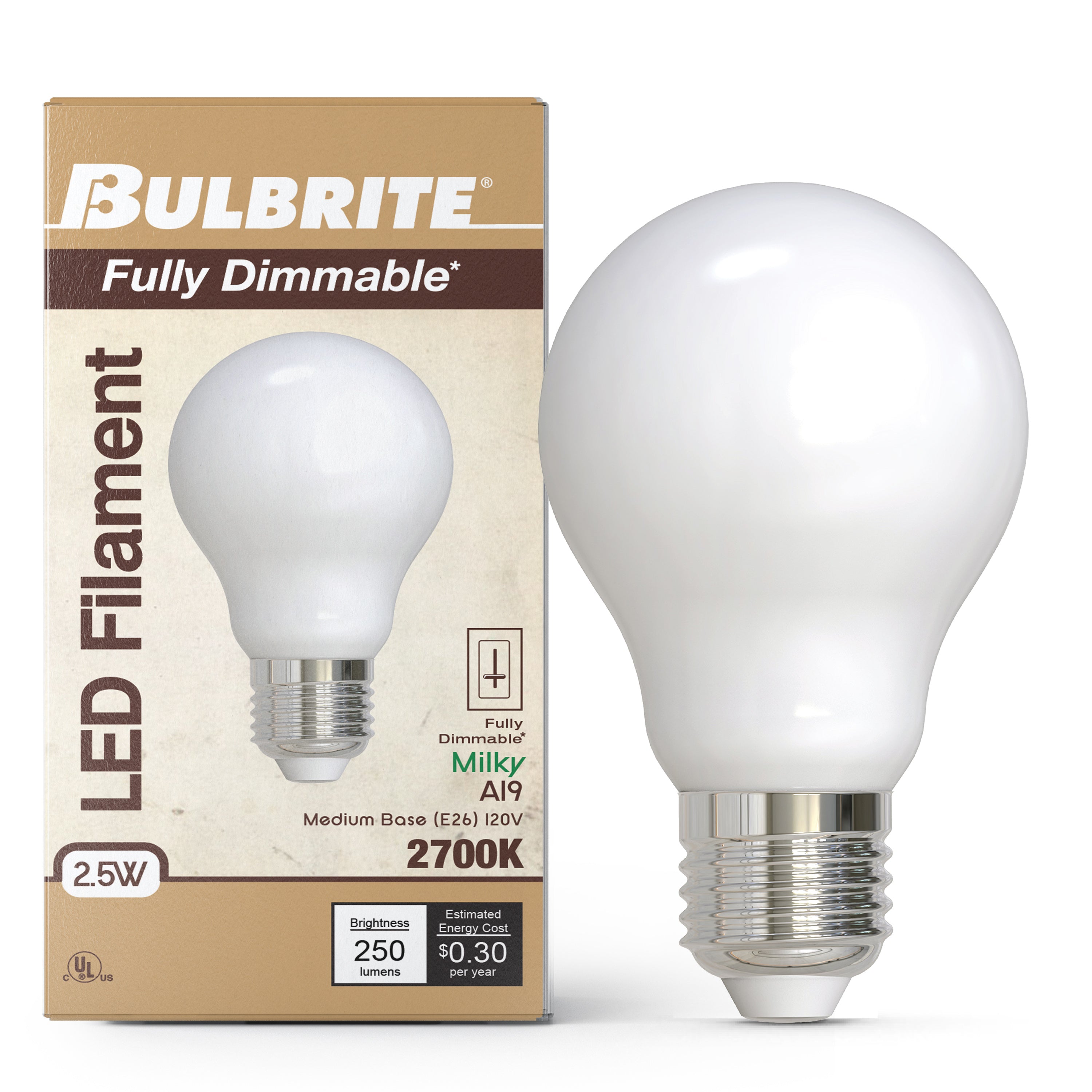 A19 2.5W Dimmable Milky Filament LED Light Bulb with E26 Base, 2700K, 250 Lumens, 4-Pack