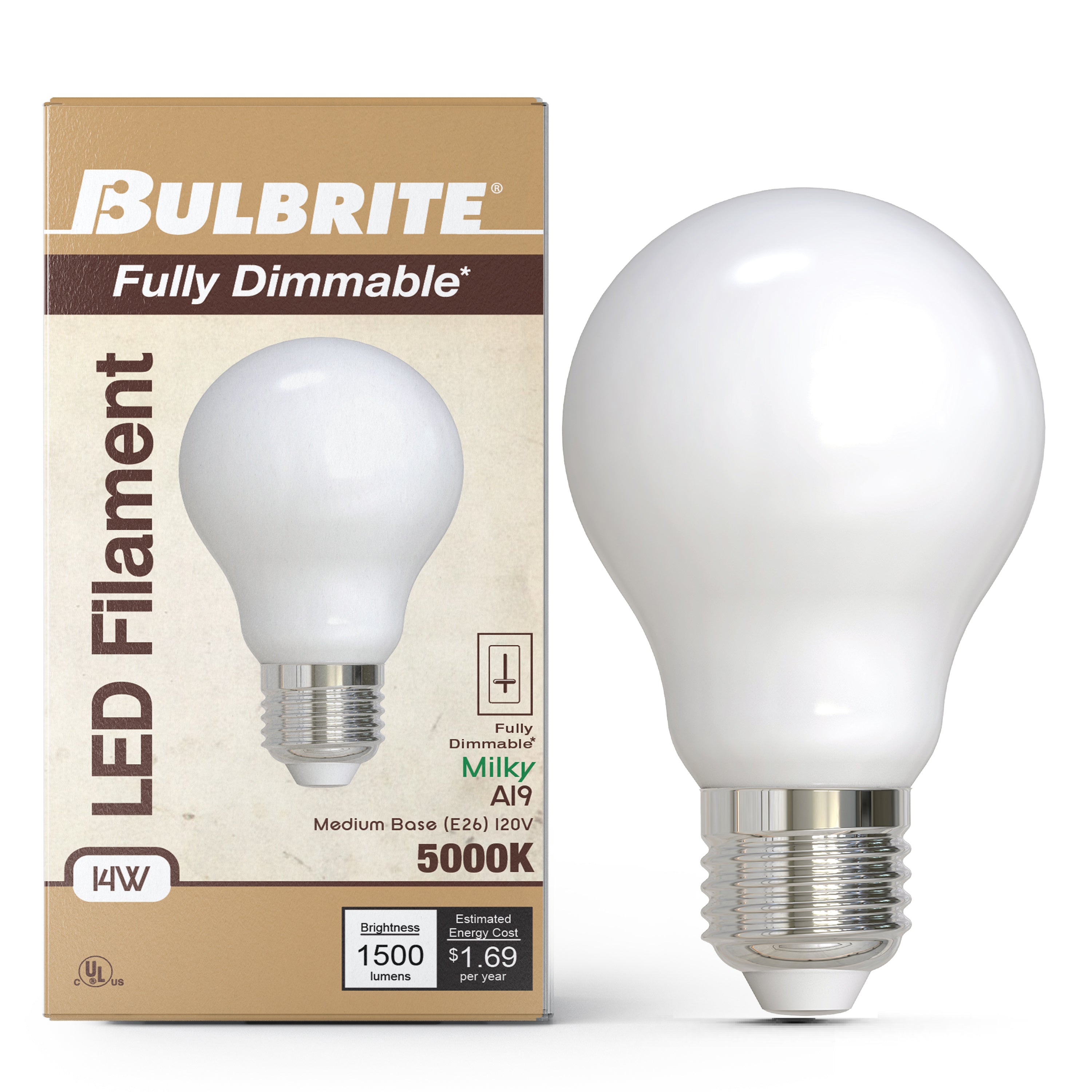 A19 14W Dimmable Milky Filament LED Light Bulb with E26 Base, 5000K, 1500 Lumens, 4-Pack