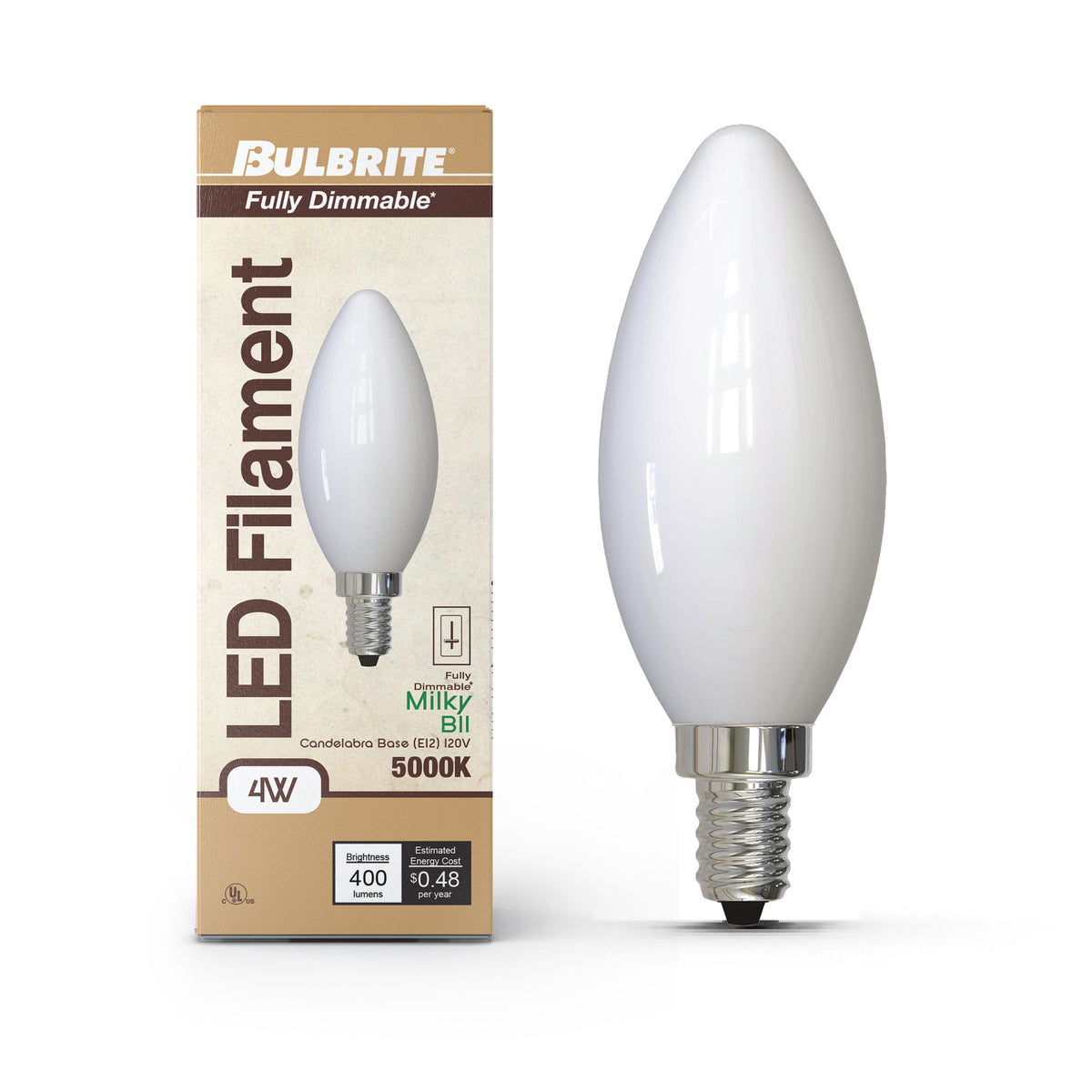 B11 4W Dimmable Milky Filament LED Light Bulb with E12 Base, 5000K, 400 Lumens, 4-Pack