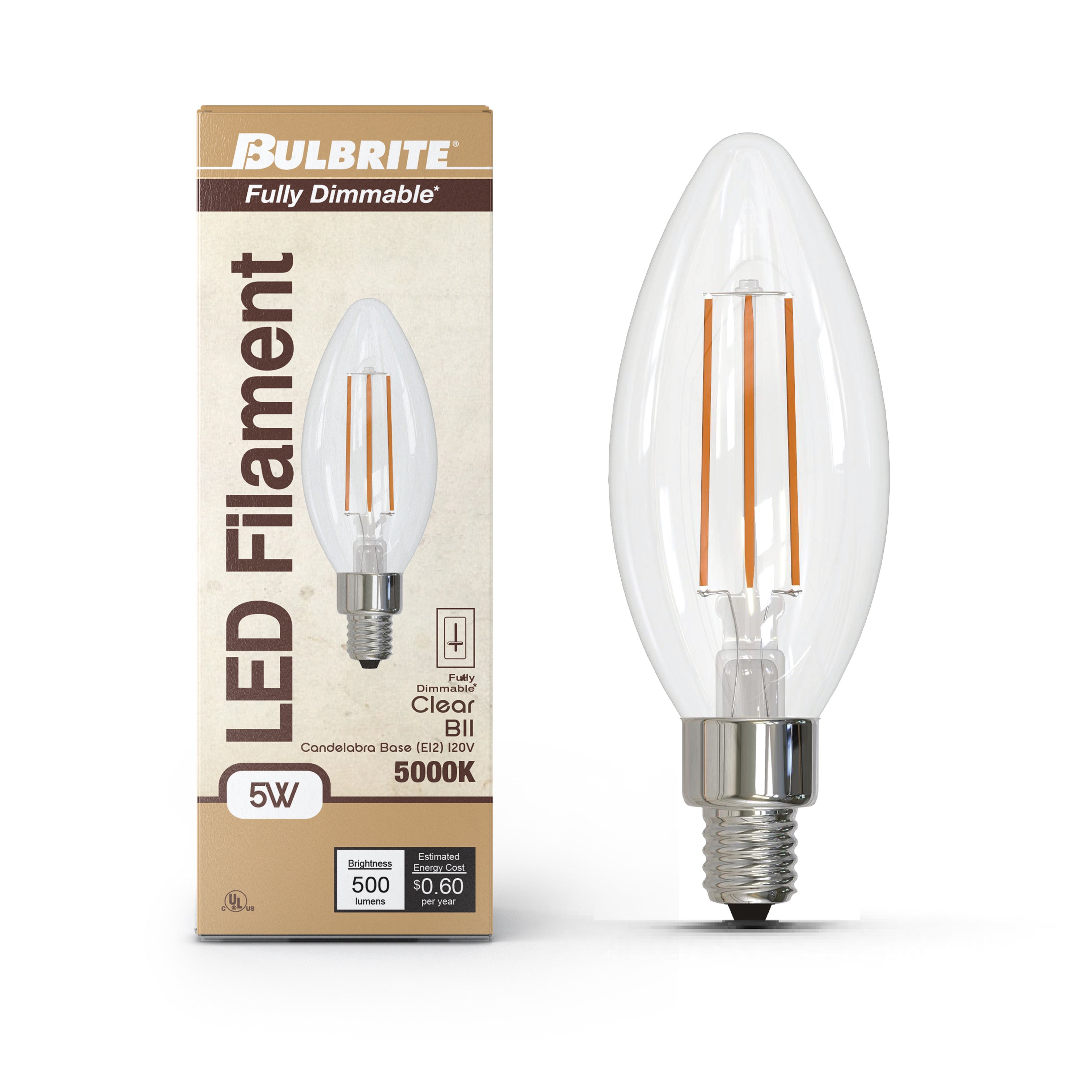 B11 5W Dimmable Clear Filament LED Light Bulb with E12 Base, 5000K, 500 Lumens, 4-Pack