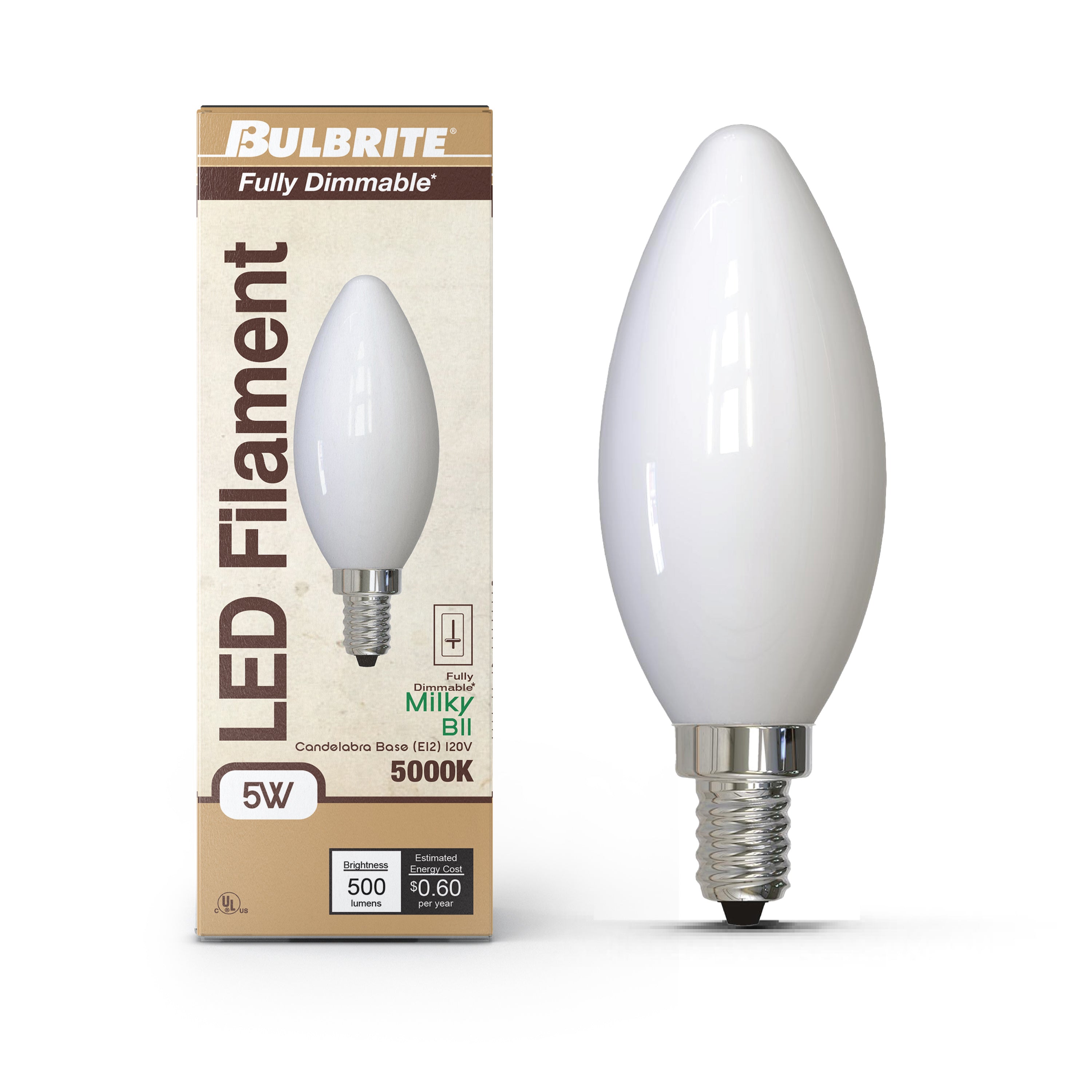 B11 5W Dimmable Milky Filament LED Light Bulb with E12 Base, 5000K, 500 Lumens, 4-Pack