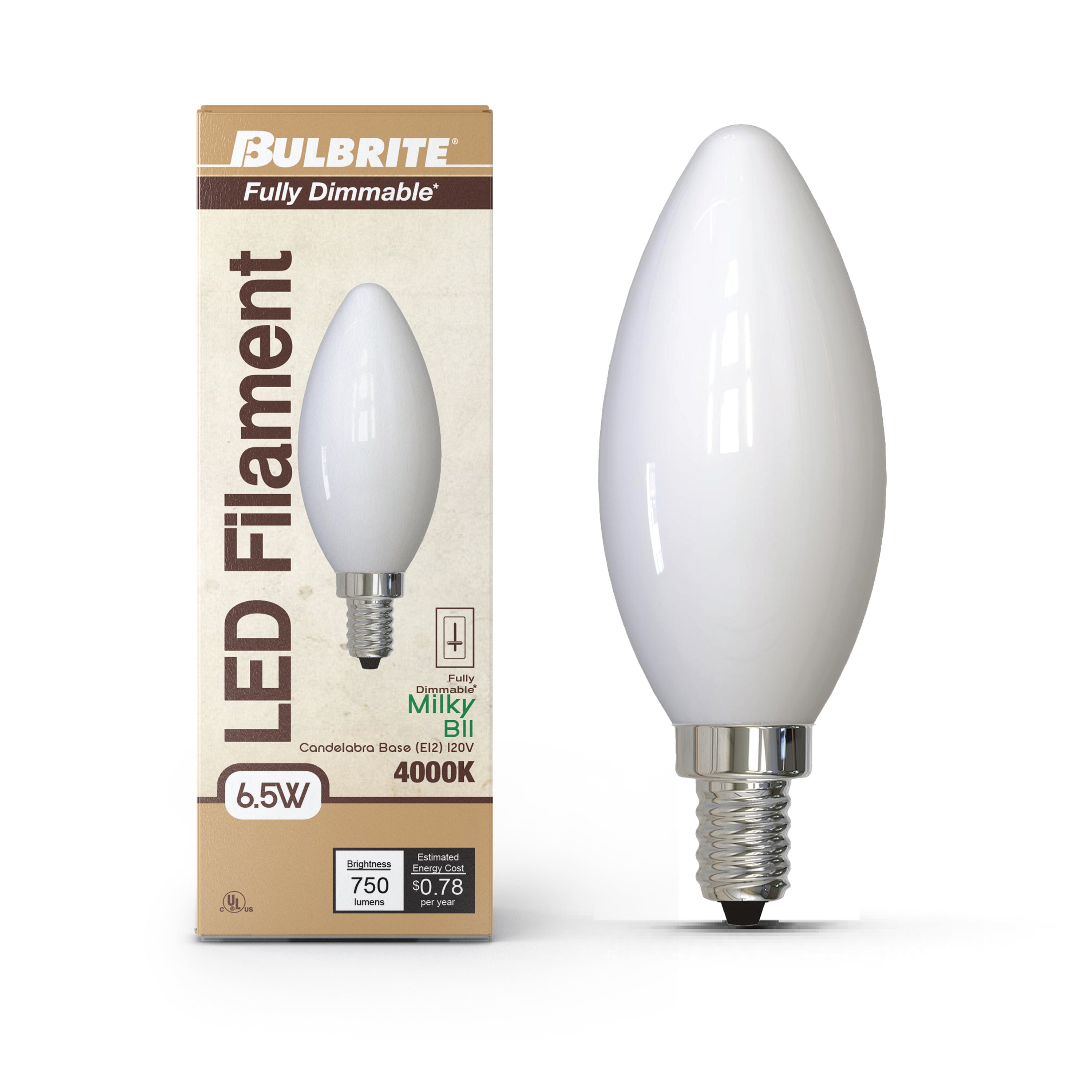 B11 6.5W Dimmable Milky Filament LED Light Bulb with E12 Base, 4000K, 750 Lumens, 4-Pack