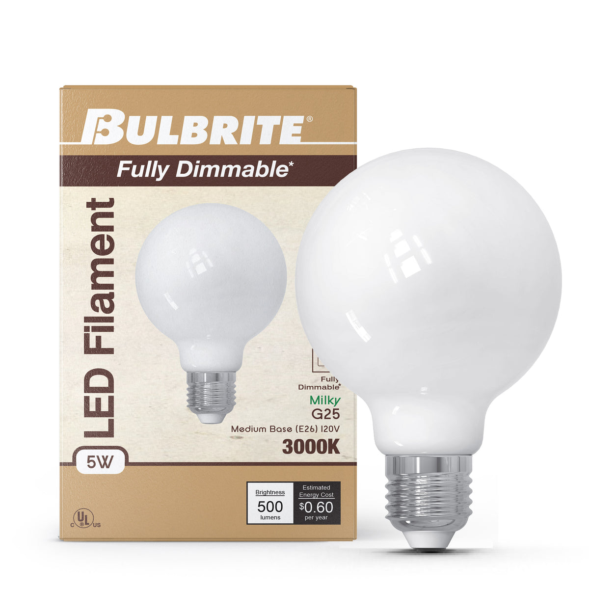G25 5W Dimmable Milky Filament LED Light Bulb with E26 Base, 3000K, 500 Lumens, 4-Pack