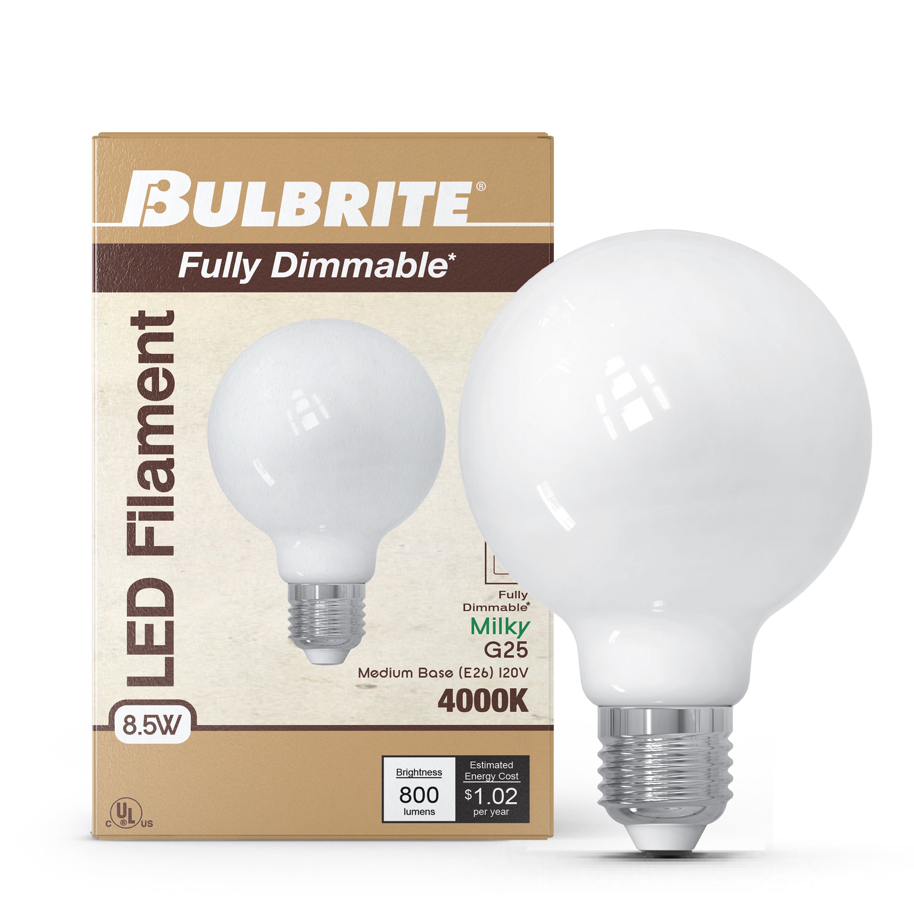G25 8.5W Dimmable Milky Filament LED Light Bulb with E26 Base, 4000K, 800 Lumens, 4-Pack