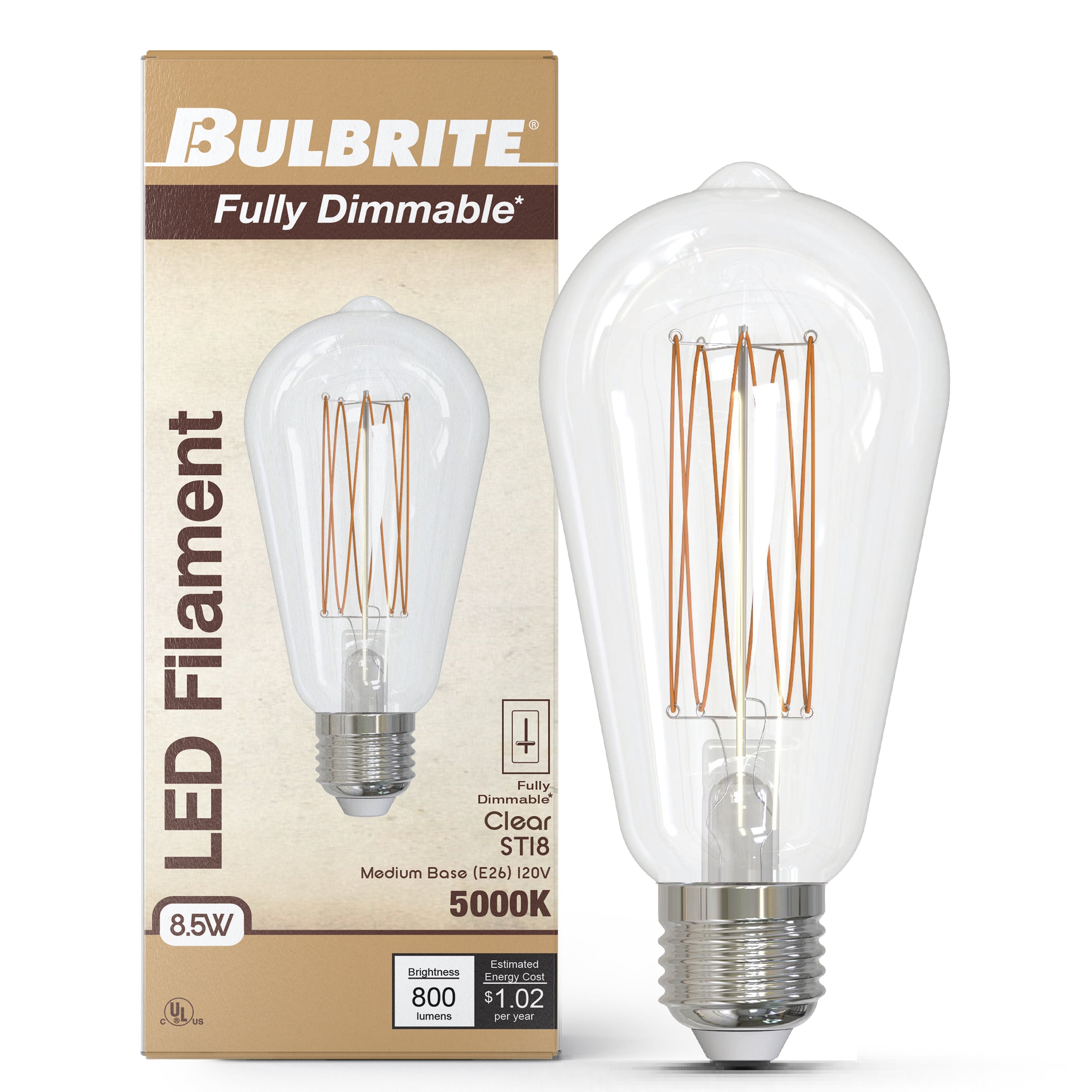 ST18 8.5W Dimmable Clear Filament LED Light Bulb with E26 Base, 5000K, 800 Lumens, 4-Pack