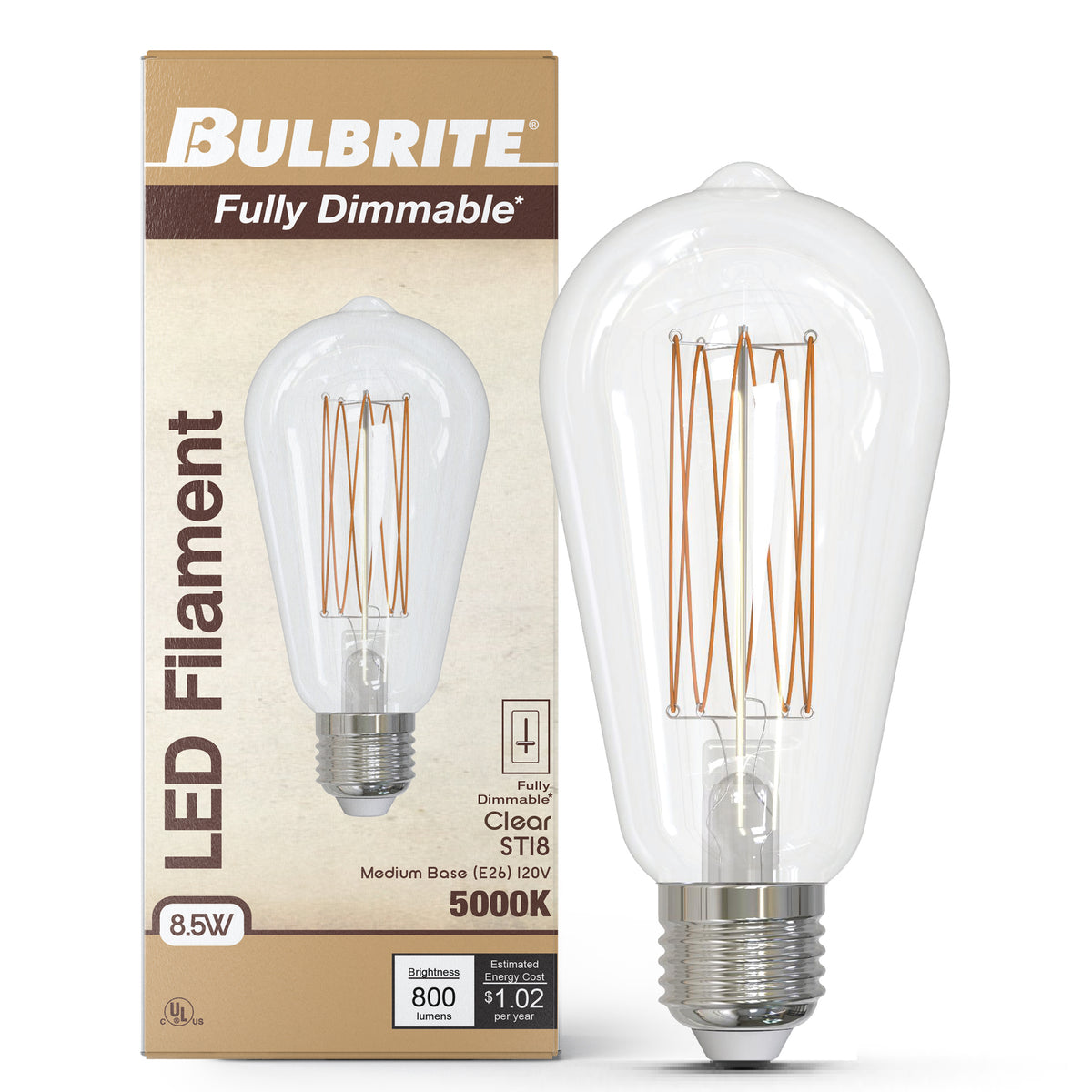 ST18 8.5W Dimmable Clear Filament LED Light Bulb with E26 Base, 5000K, 800 Lumens, 4-Pack