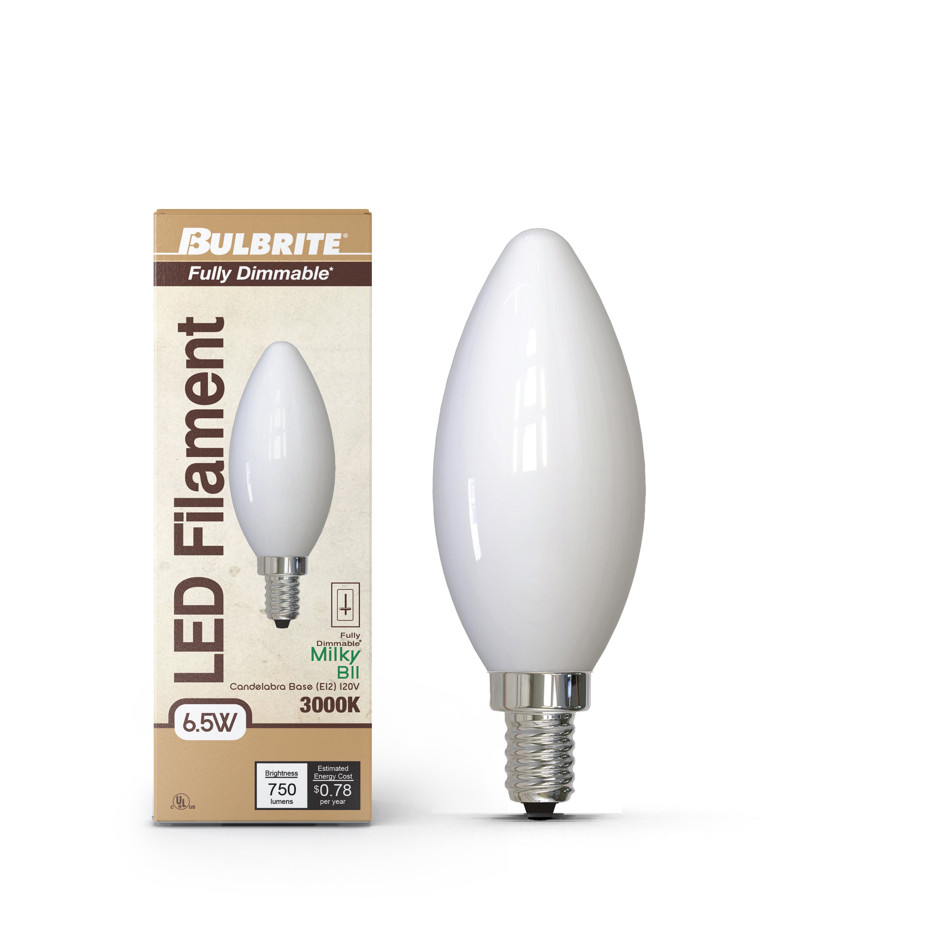 B11 6.5W Dimmable Milky Filament LED Light Bulb with E12 Base, 3000K, 750 Lumens, 4-Pack