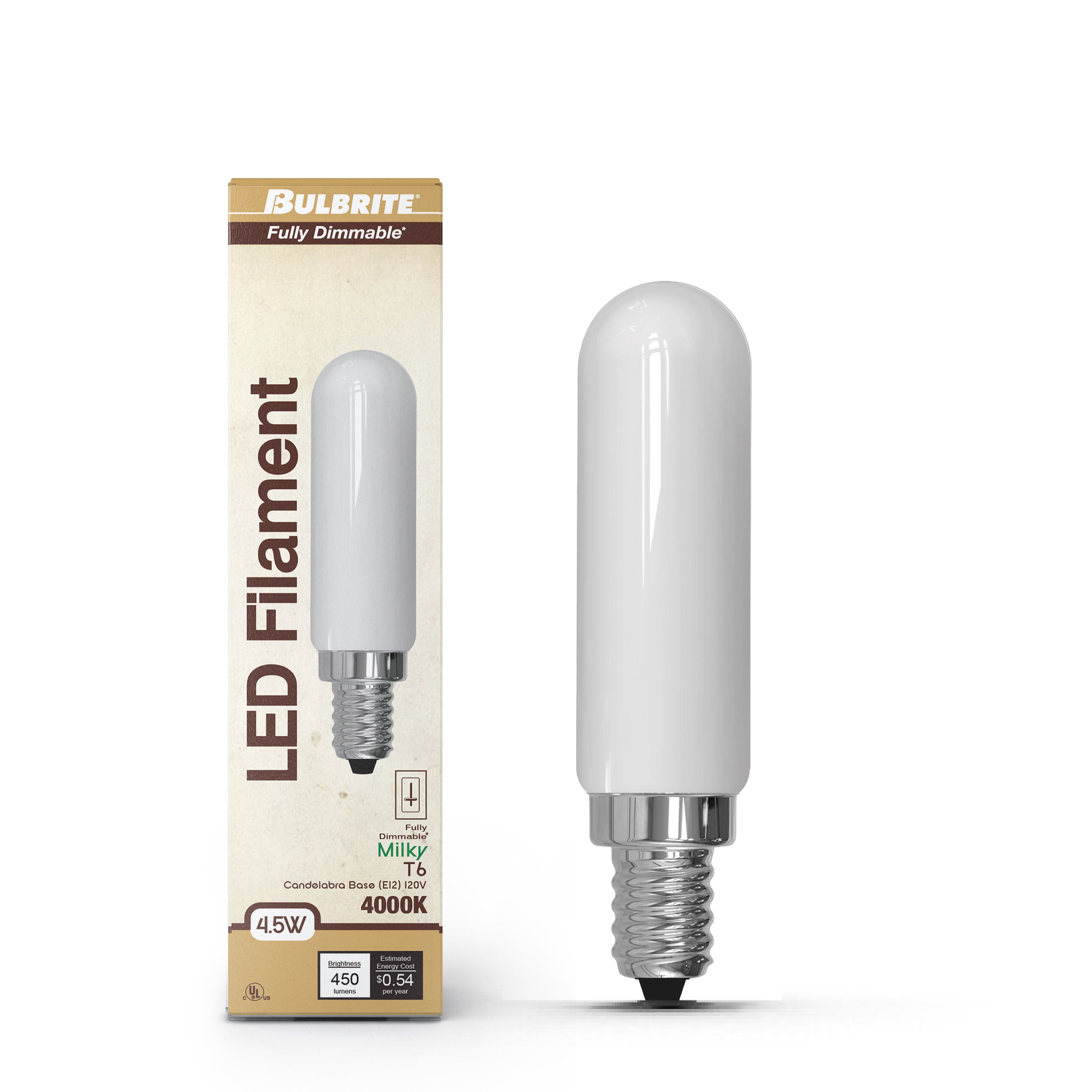 T6 4.5W Dimmable Milky Filament LED Light Bulb with E12 Base, 4000K, 450 Lumens, 4-Pack