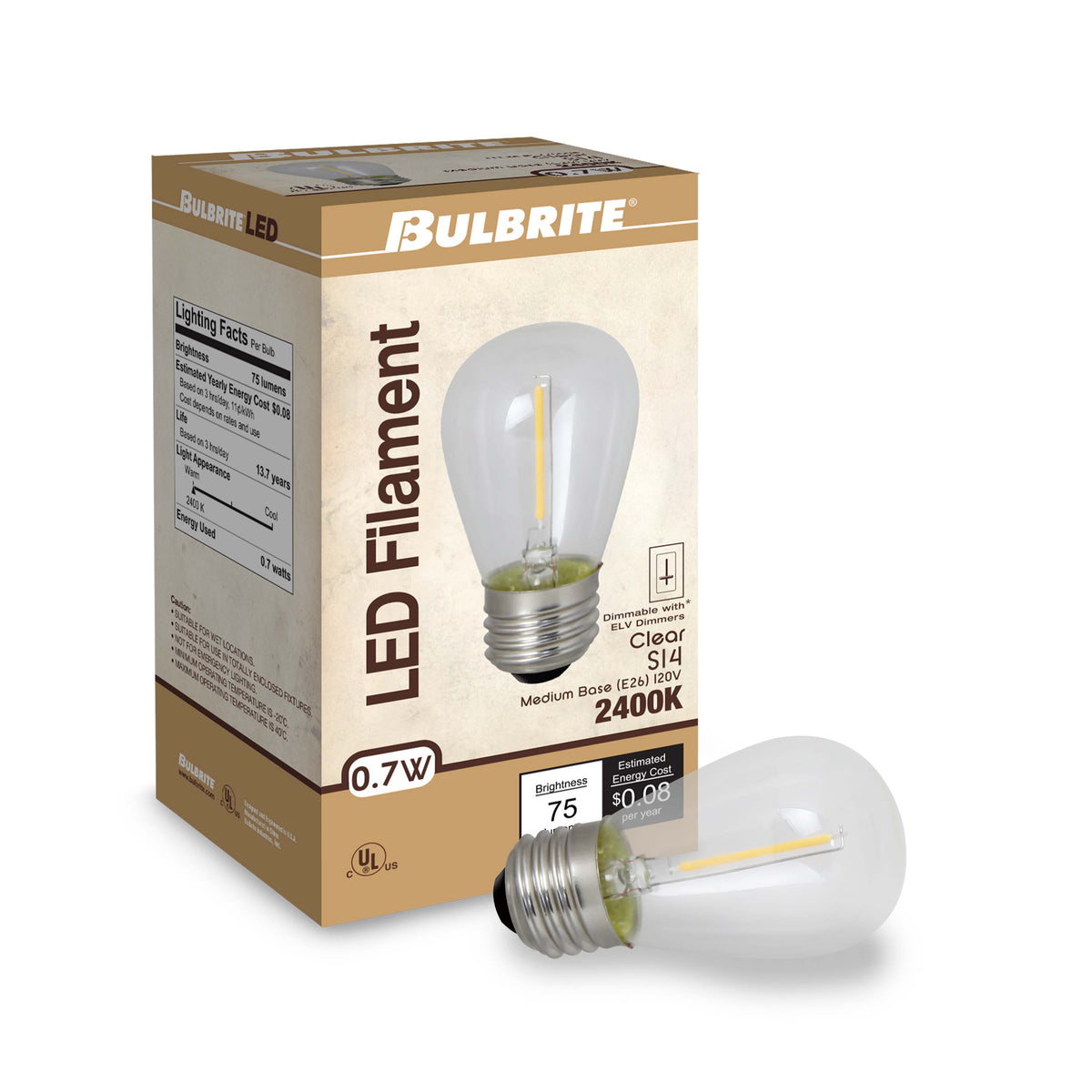 S14 0.7W Non-Dimmable Clear Filament LED Light Bulb with E26 Base, 2700K, 75 Lumens, 6-Pack