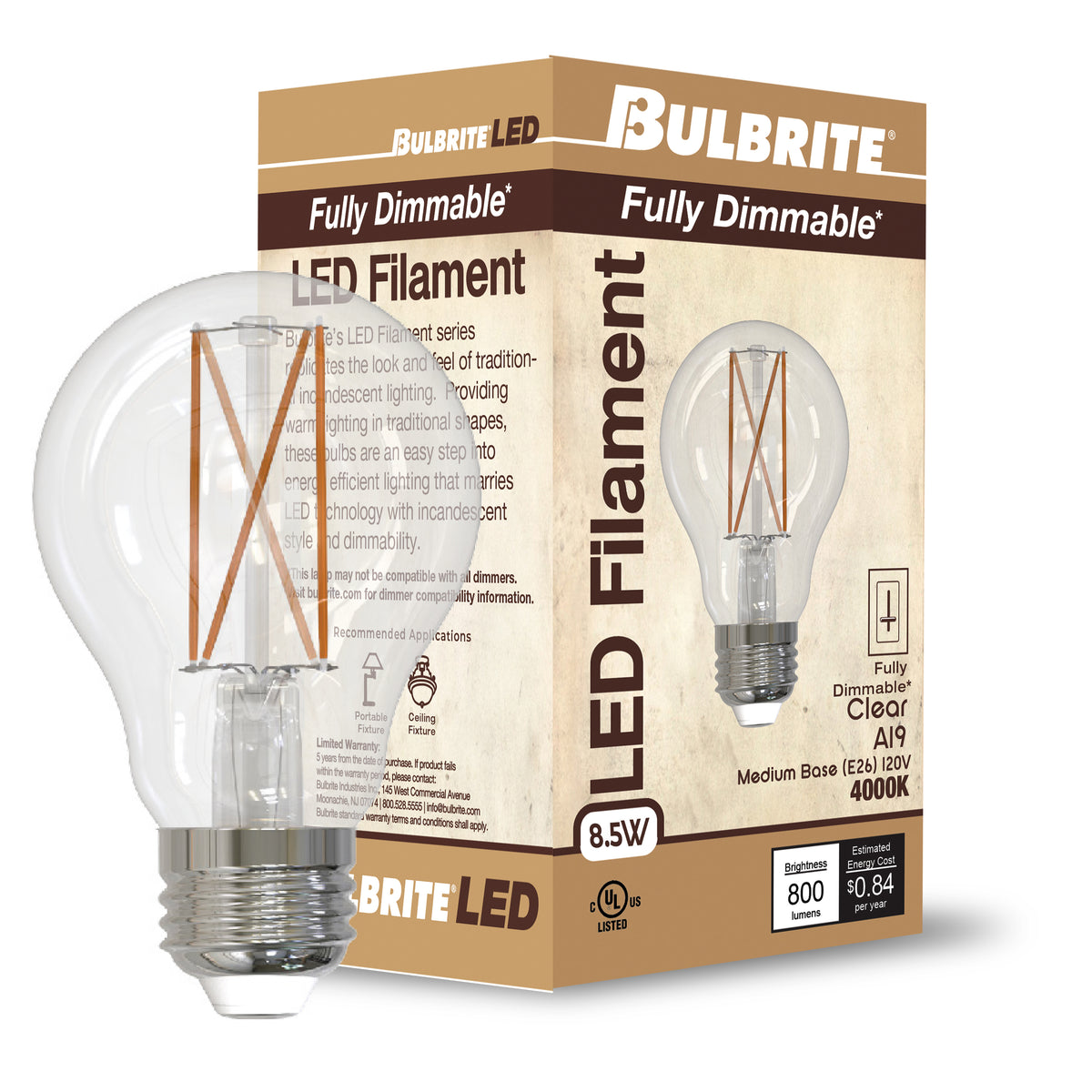 A19 7W Dimmable Clear Filament LED Light Bulb with E26 Base, 4000K, 850 Lumens, 4-Pack