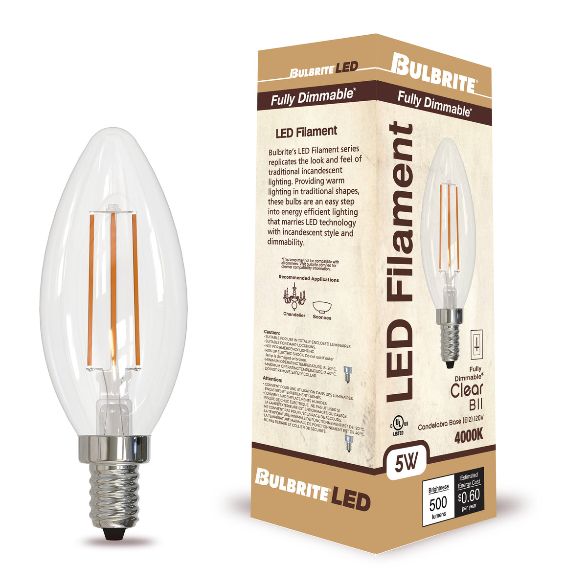 B11 5W Dimmable Clear Filament LED Light Bulb with E12 Base, 4000K, 500 Lumens, 4-Pack