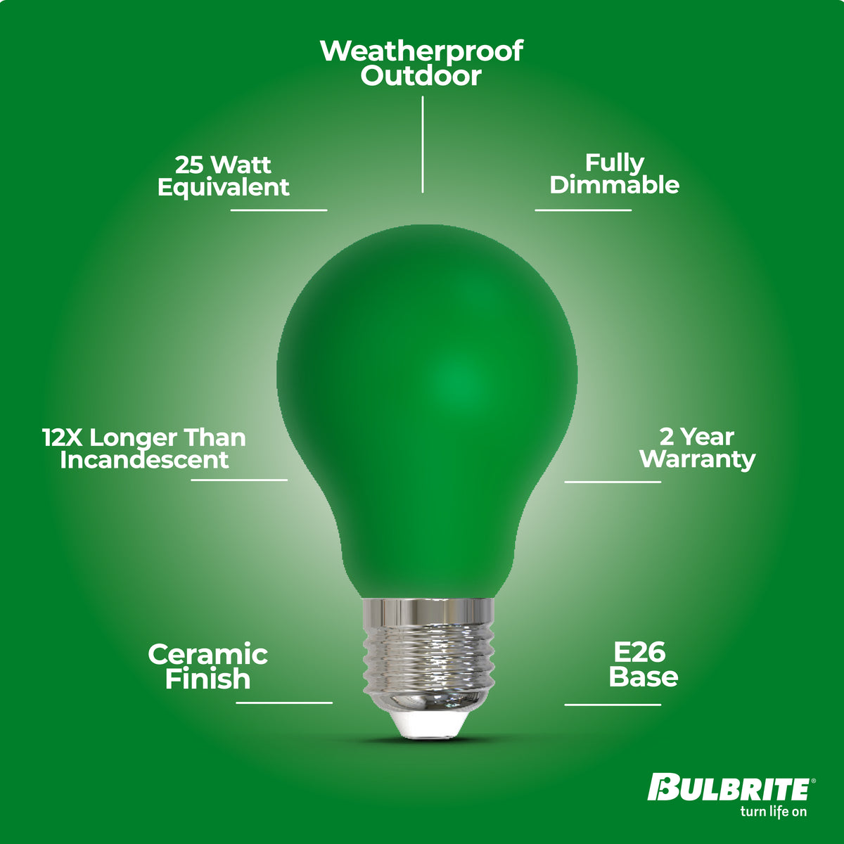 A19 4.5W Dimmable Green Filament LED Light Bulb with E26 Base, 10-Pack