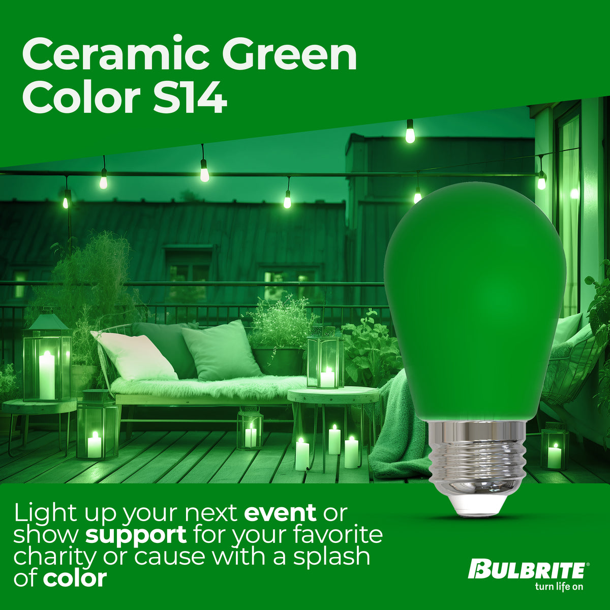 S14 2.5W Dimmable Green Filament LED Light Bulb with E26 Base, 10-Pack