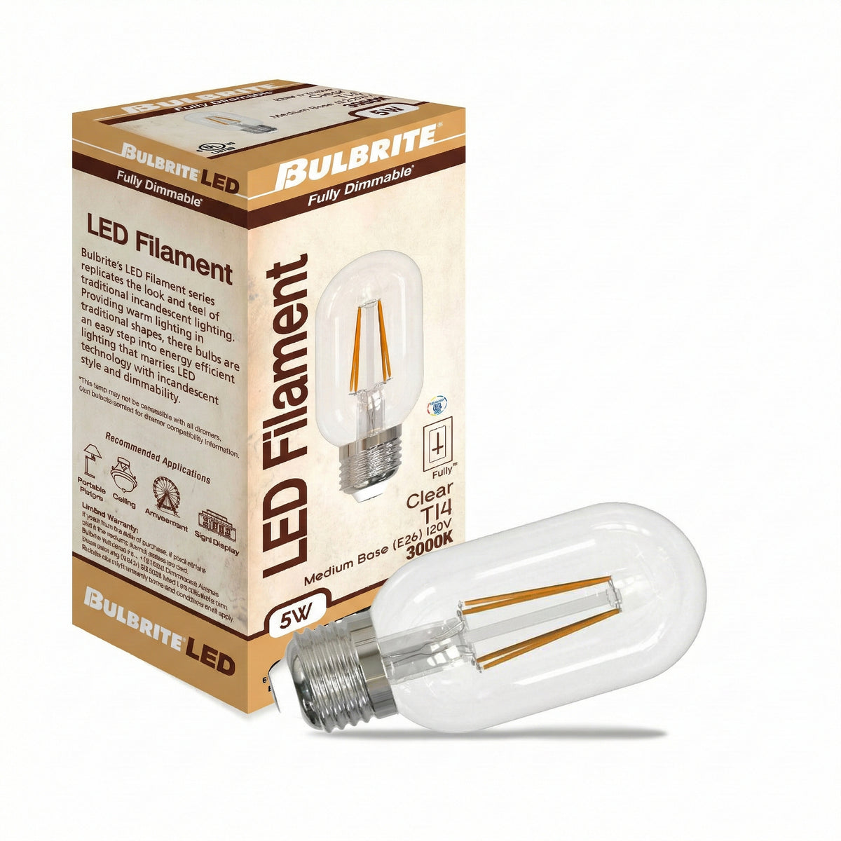 T14 5W Dimmable Clear Filament LED Light Bulb with E26 Base, 3000K, 450 Lumens, 4-Pack