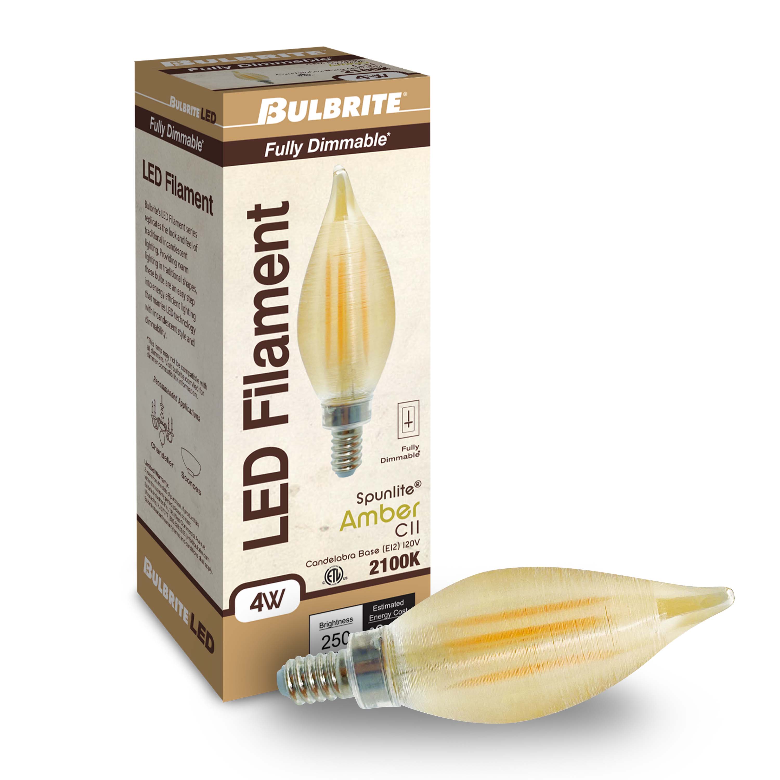 C11 4W Dimmable Amber Filament LED Light Bulb with E12 Base, 2100K, 250 Lumens, 4-Pack