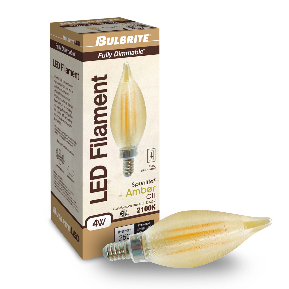 C11 4W Dimmable Amber Filament LED Light Bulb with E12 Base, 2100K, 250 Lumens, 4-Pack