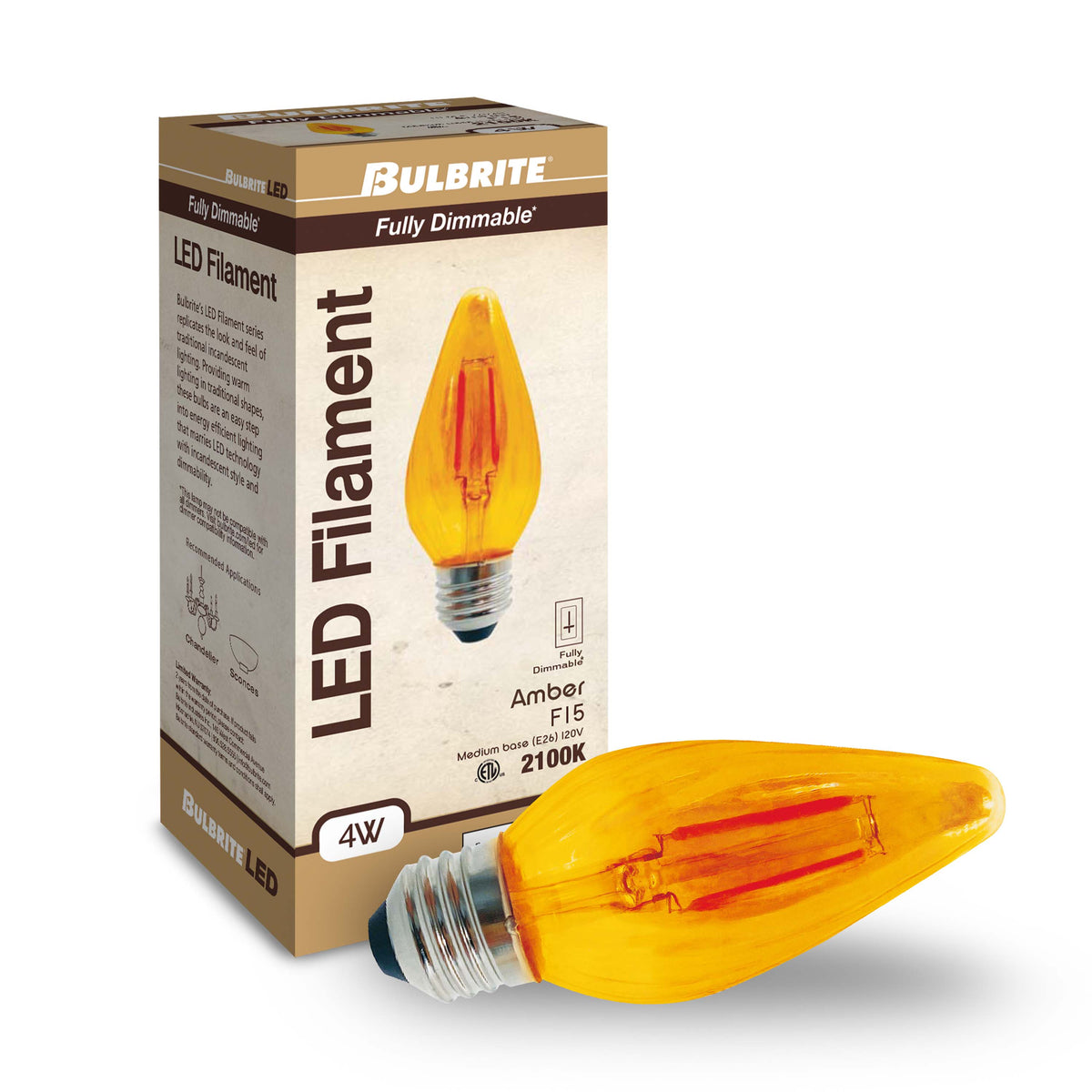 F15 4W Dimmable Amber Filament LED Light Bulb with E26 Base, 2100K, 280 Lumens, 4-Pack
