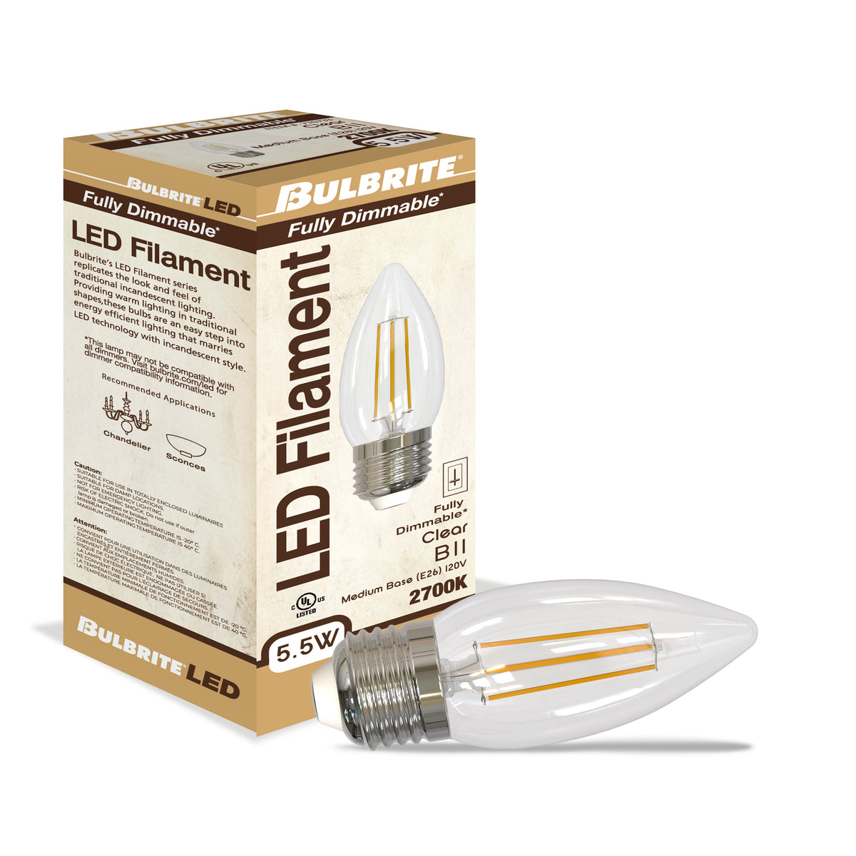 B11 5.5W Dimmable Clear Filament LED Light Bulb with E26 Base, 2700K, 500 Lumens, 4-Pack