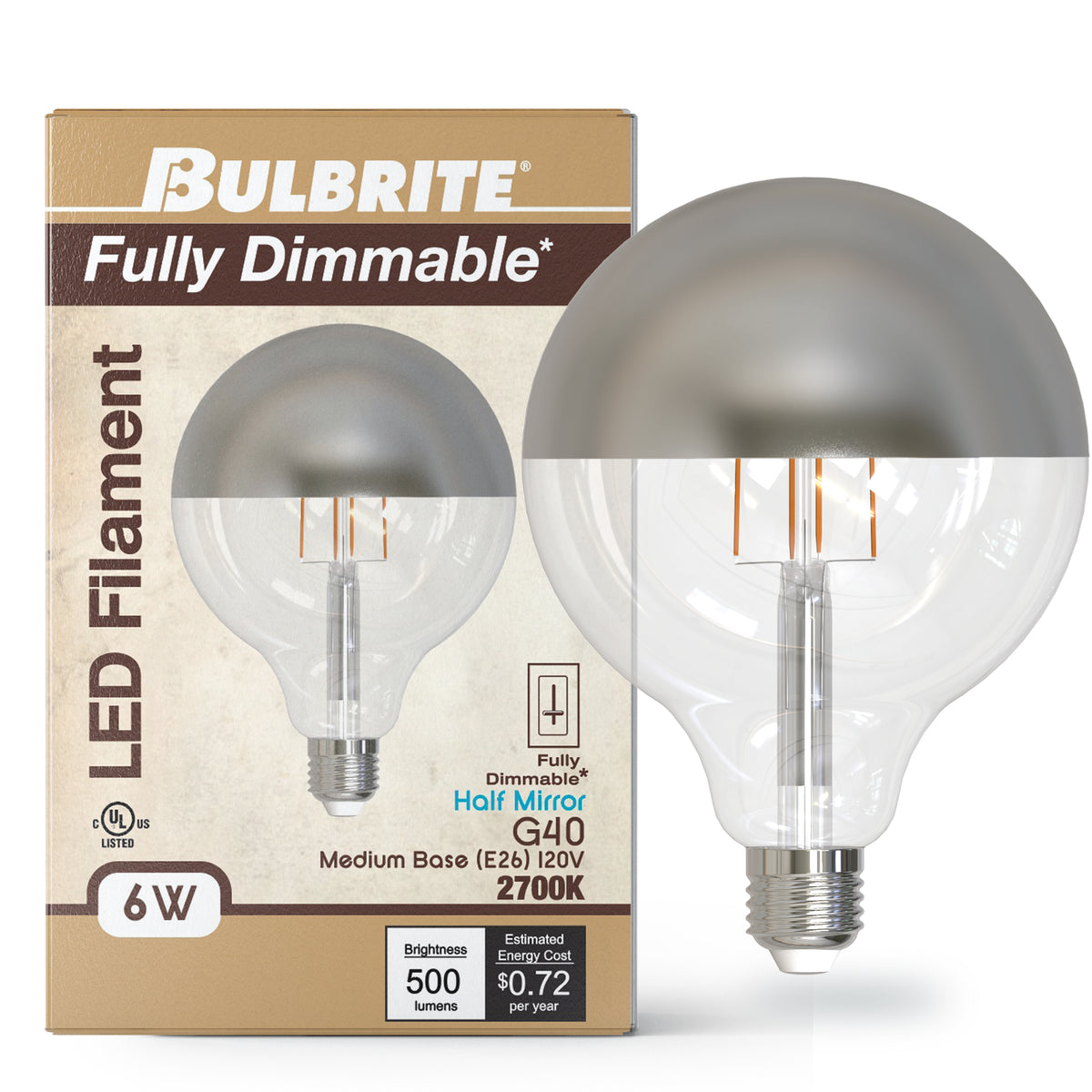 Half Series Designer G40 6W Dimmable Half Chrome Filament LED Light Bulb with E26 Base, 2700K, 500 Lumens, 4-Pack