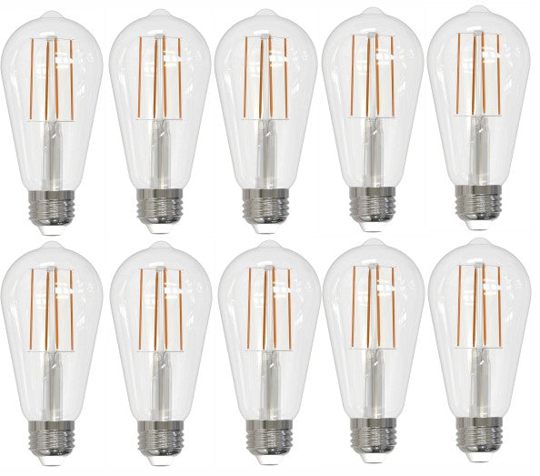 ST18 7.6W Dimmable Clear Filament LED Light Bulb with E26 Base, 3000K, 800 Lumens, 10-Pack