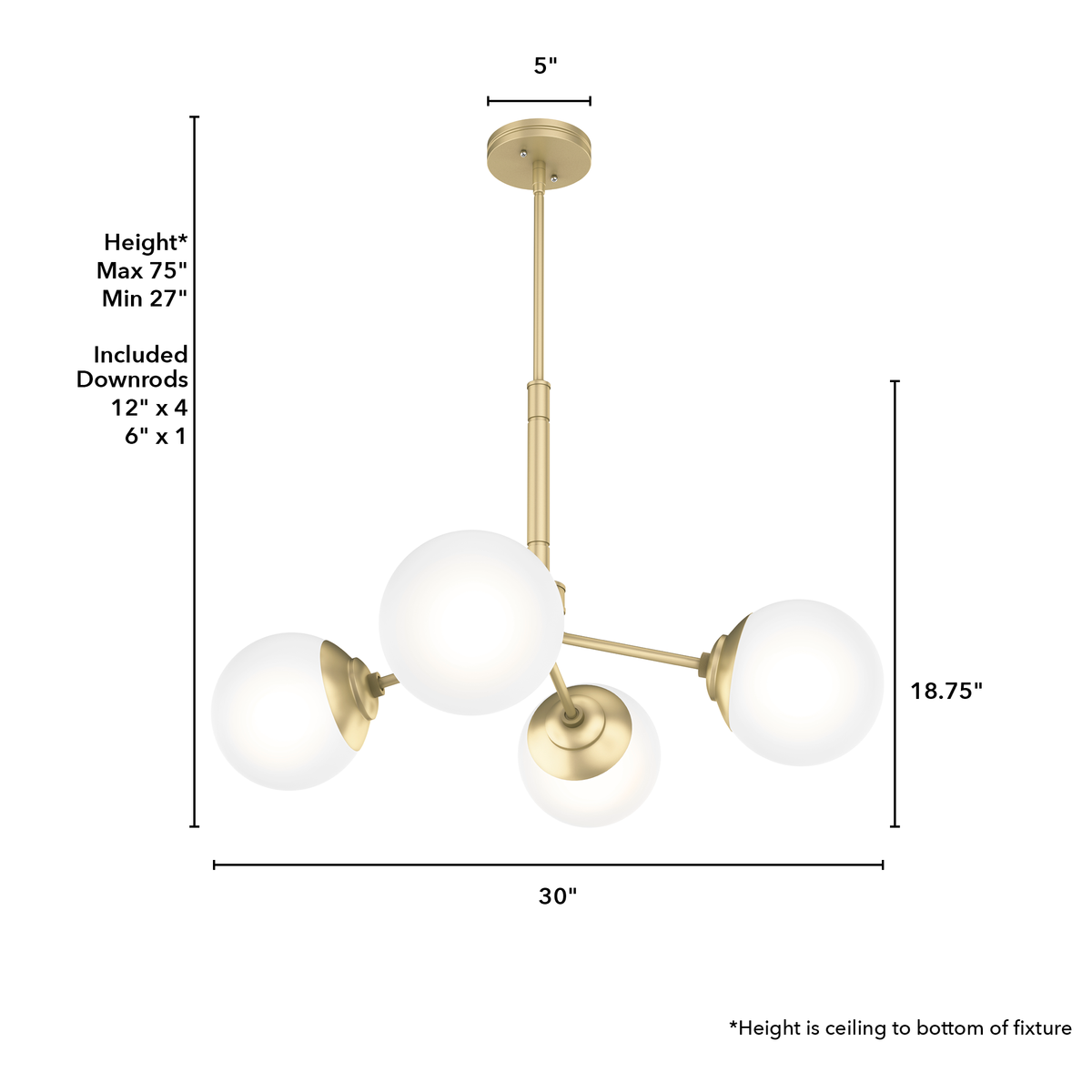 Hepburn 30-inch 4-light Modern Brass Chandelier with Cased White Glass