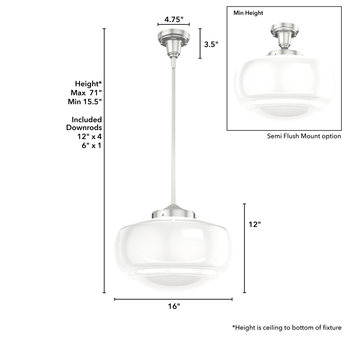 Saddle Creek 16-inch 1-light Brushed Nickel Schoolhouse Pendant with Cased White Glass
