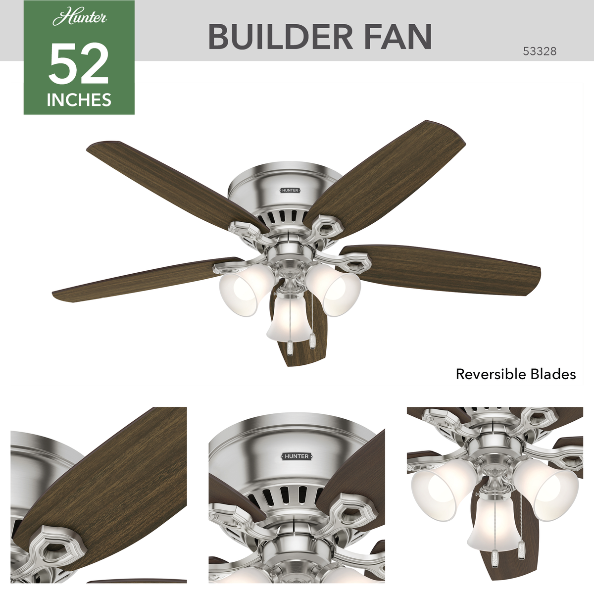 52 inch Builder Brushed Nickel Low Profile Ceiling Fan with LED Light Kit and Pull Chain
