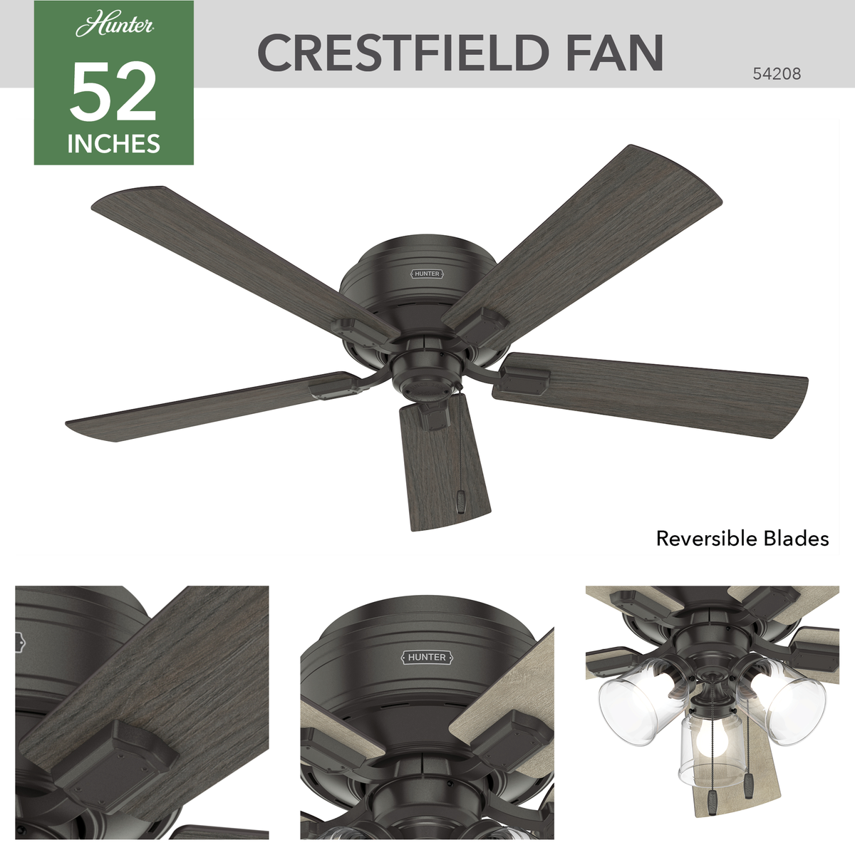 52 inch Crestfield Noble Bronze Low Profile Ceiling Fan with LED Light Kit and Pull Chain