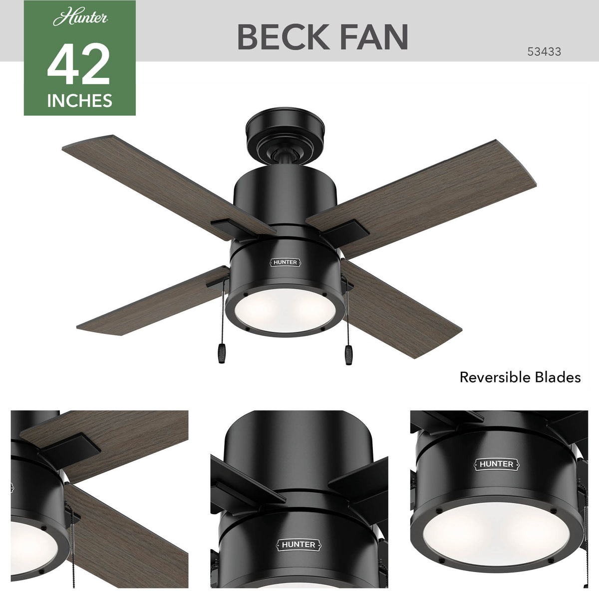 42 inch Beck Matte Black Ceiling Fan with LED Light Kit and Pull Chain