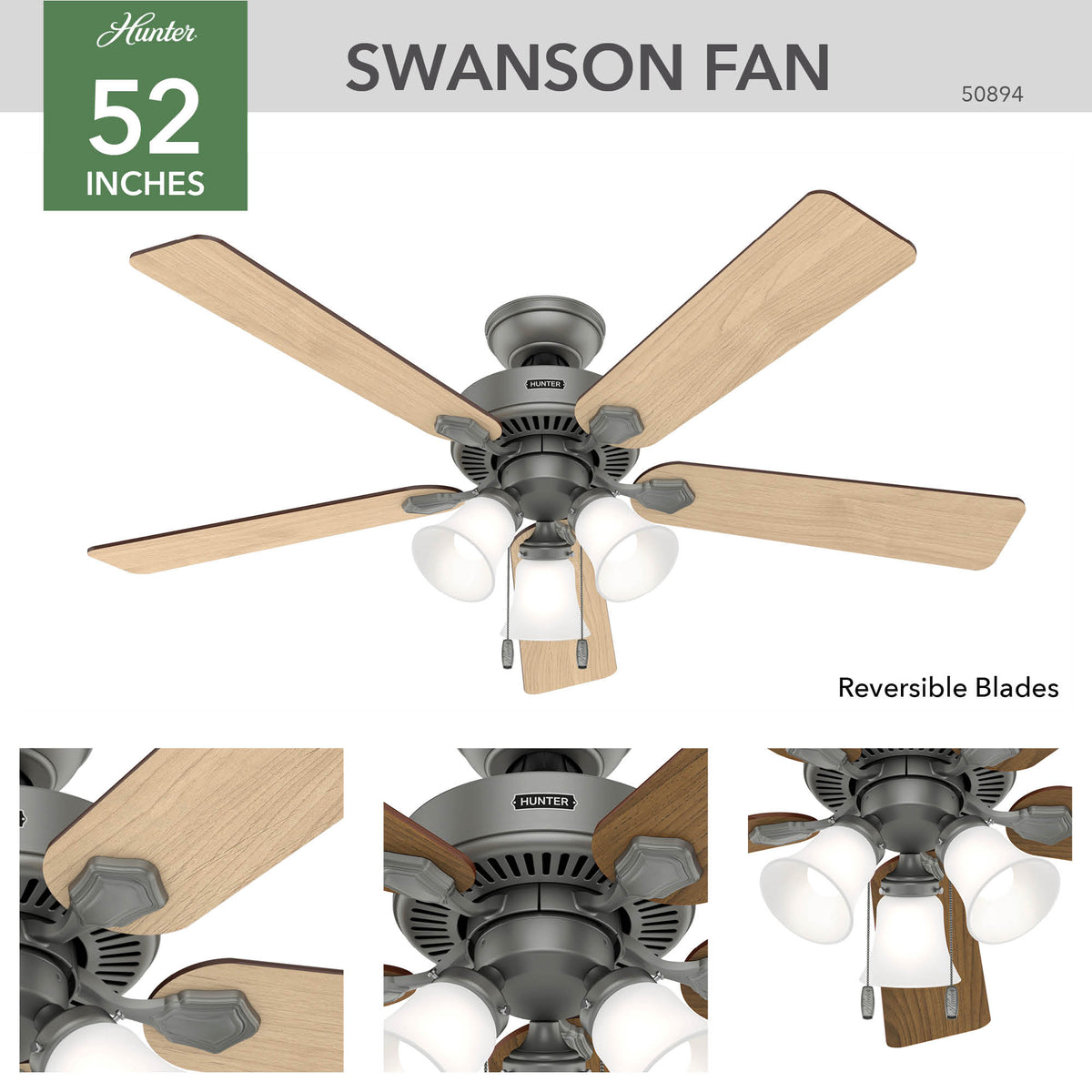 52 inch Swanson Matte Silver Ceiling Fan with LED Light Kit