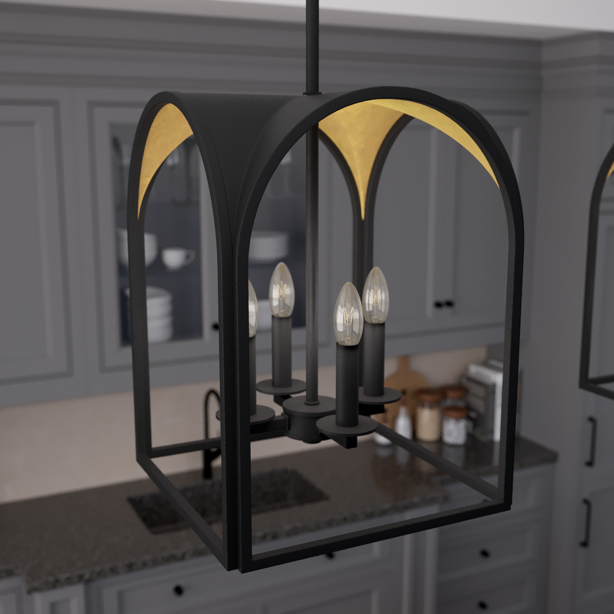 Dukestown 12-inch 4-light Natural Black Iron and Gold Leaf Lantern Pendant