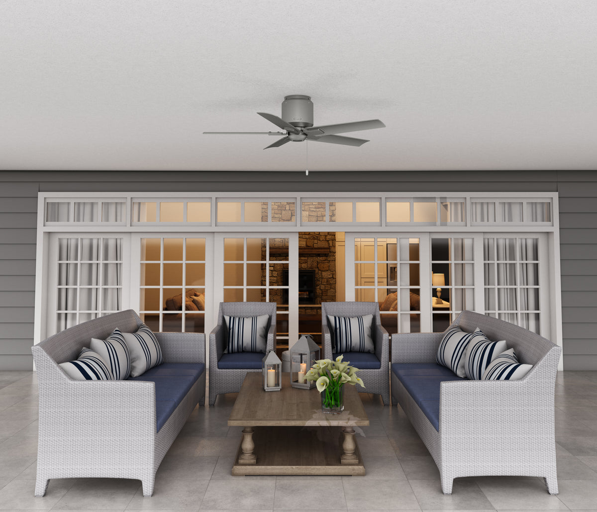 44 inch Terrace Cove Matte Silver Low Profile Damp Rated Ceiling Fan and Pull Chain