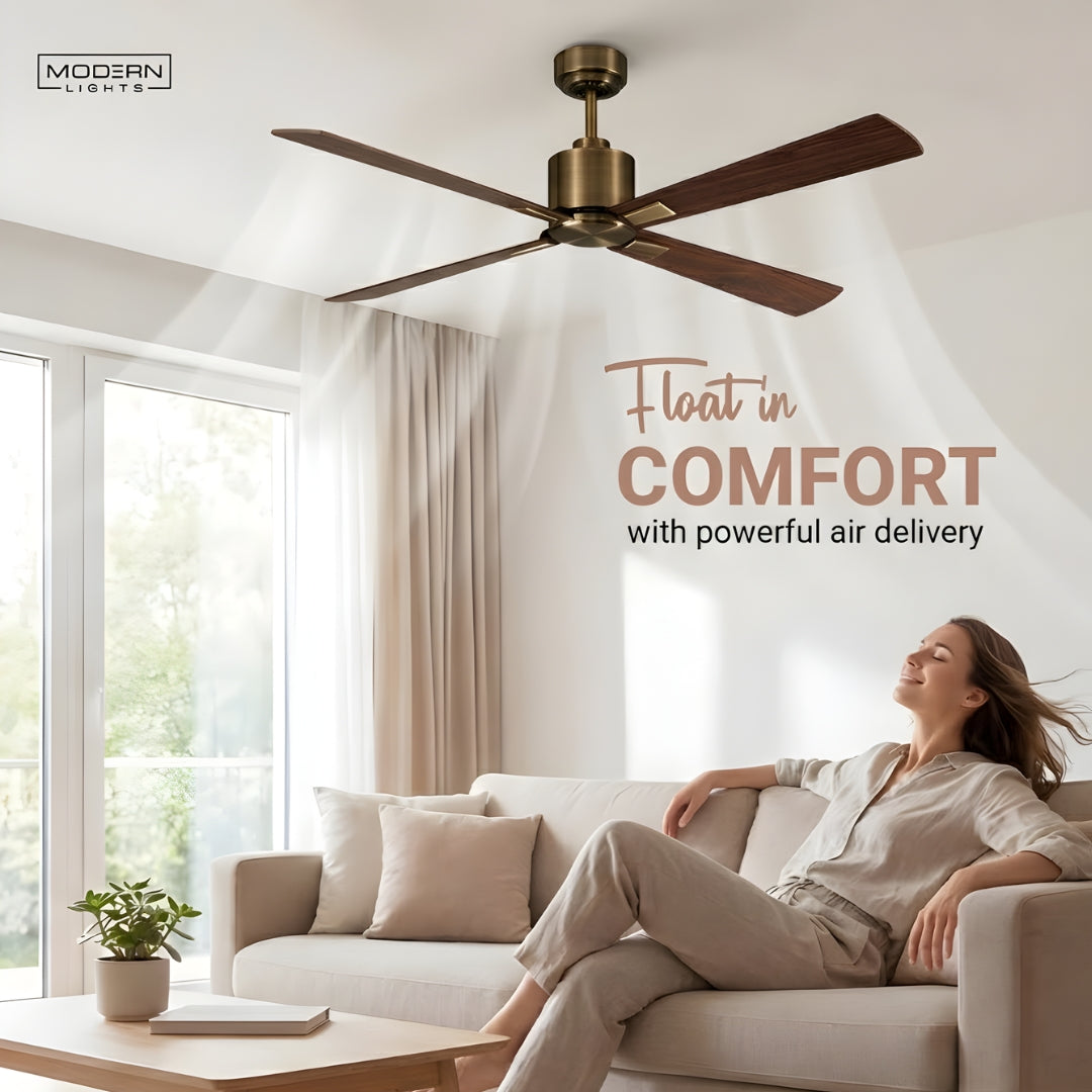 52 Inch DC Brass Fan in Antique Brass with Walnut Blades