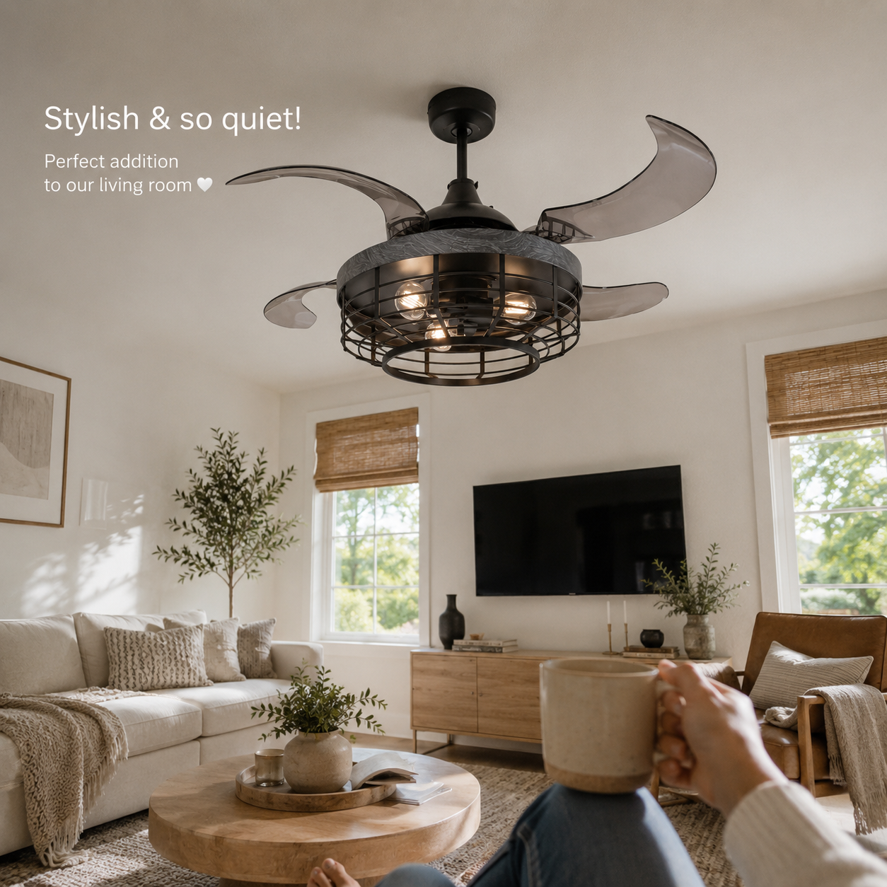 48 Inch Black Koa Retractable Blade Ceiling Fan