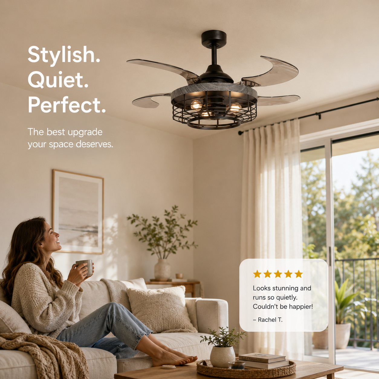 48 Inch Black Koa Retractable Blade Ceiling Fan