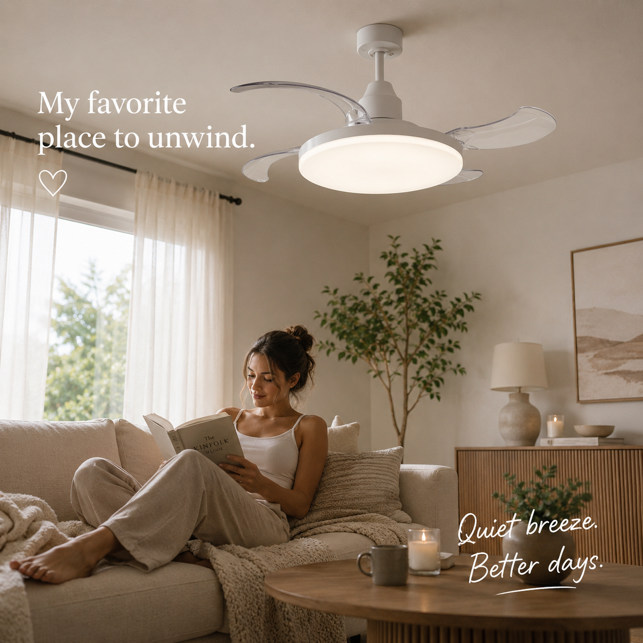 42 Inch White Retractable Blade Ceiling Fan
