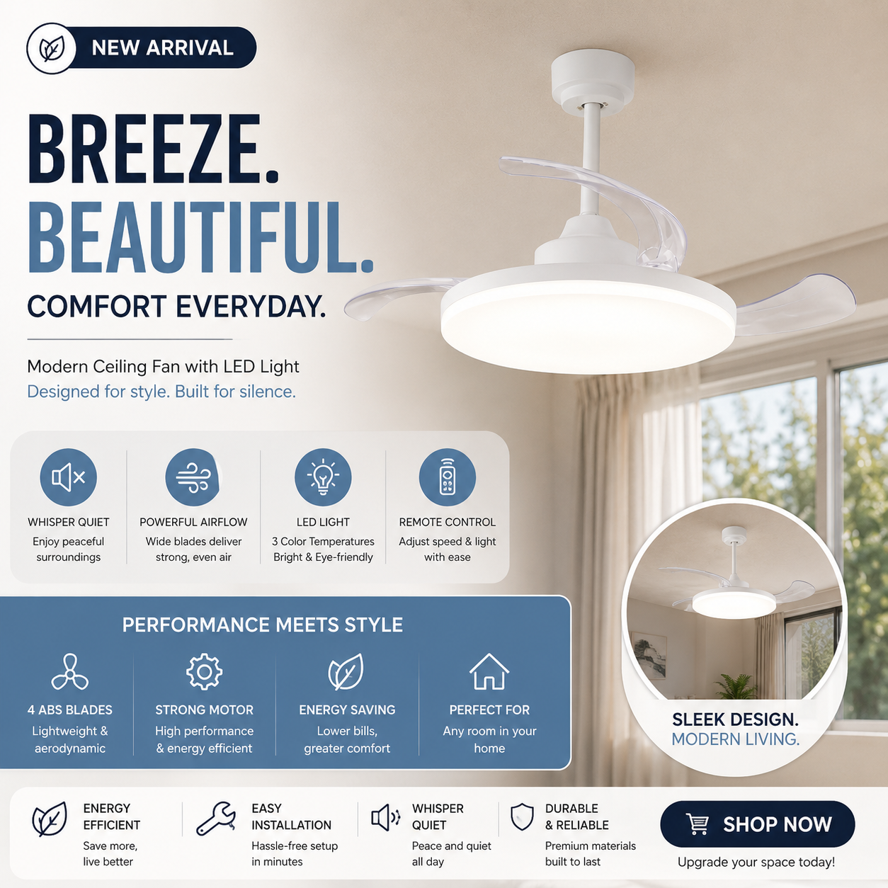 42 Inch White Retractable Blade Ceiling Fan